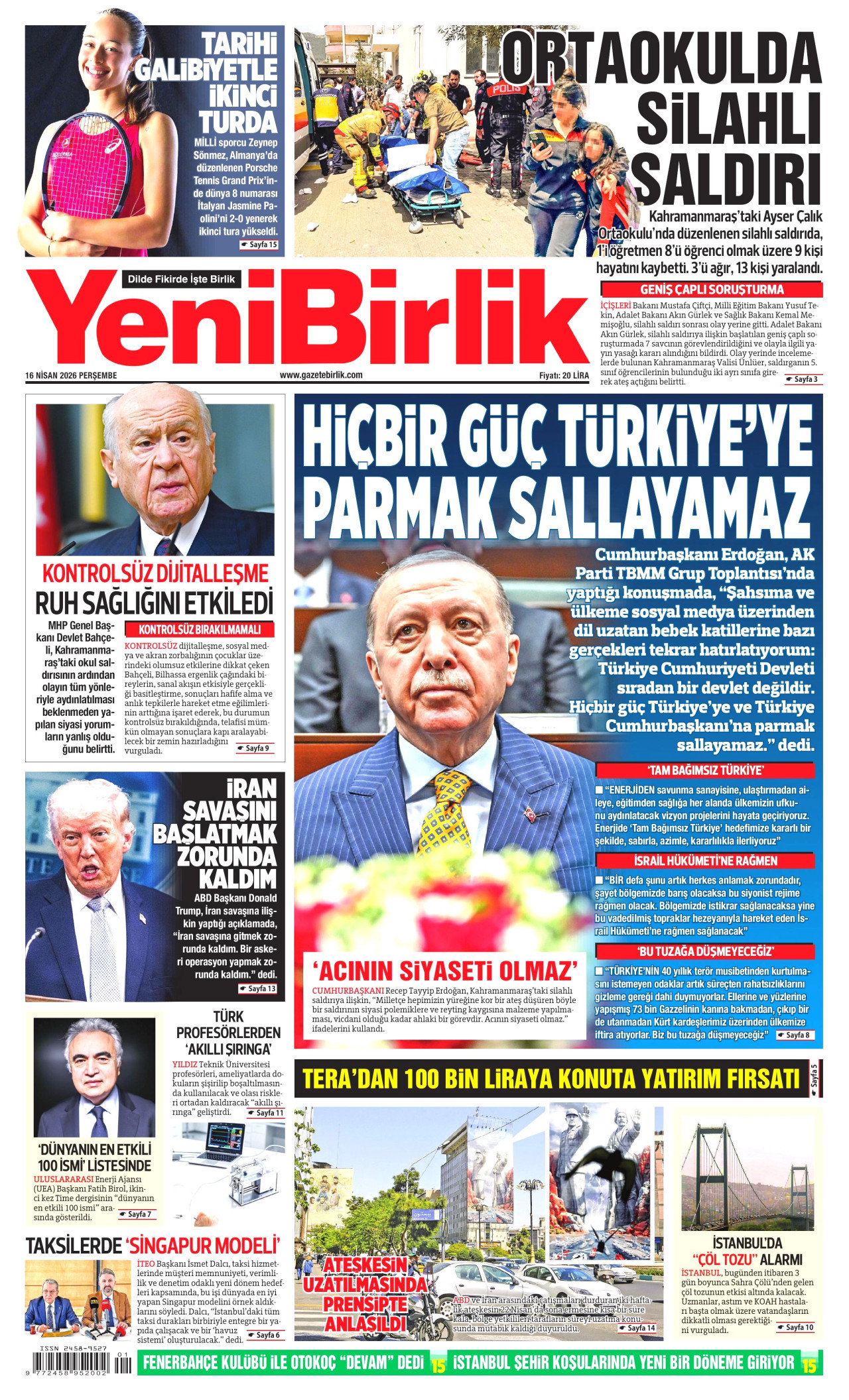 YENİBİRLİK gazetesinin 16 Nisan 2026 tarihli birinci sayfası