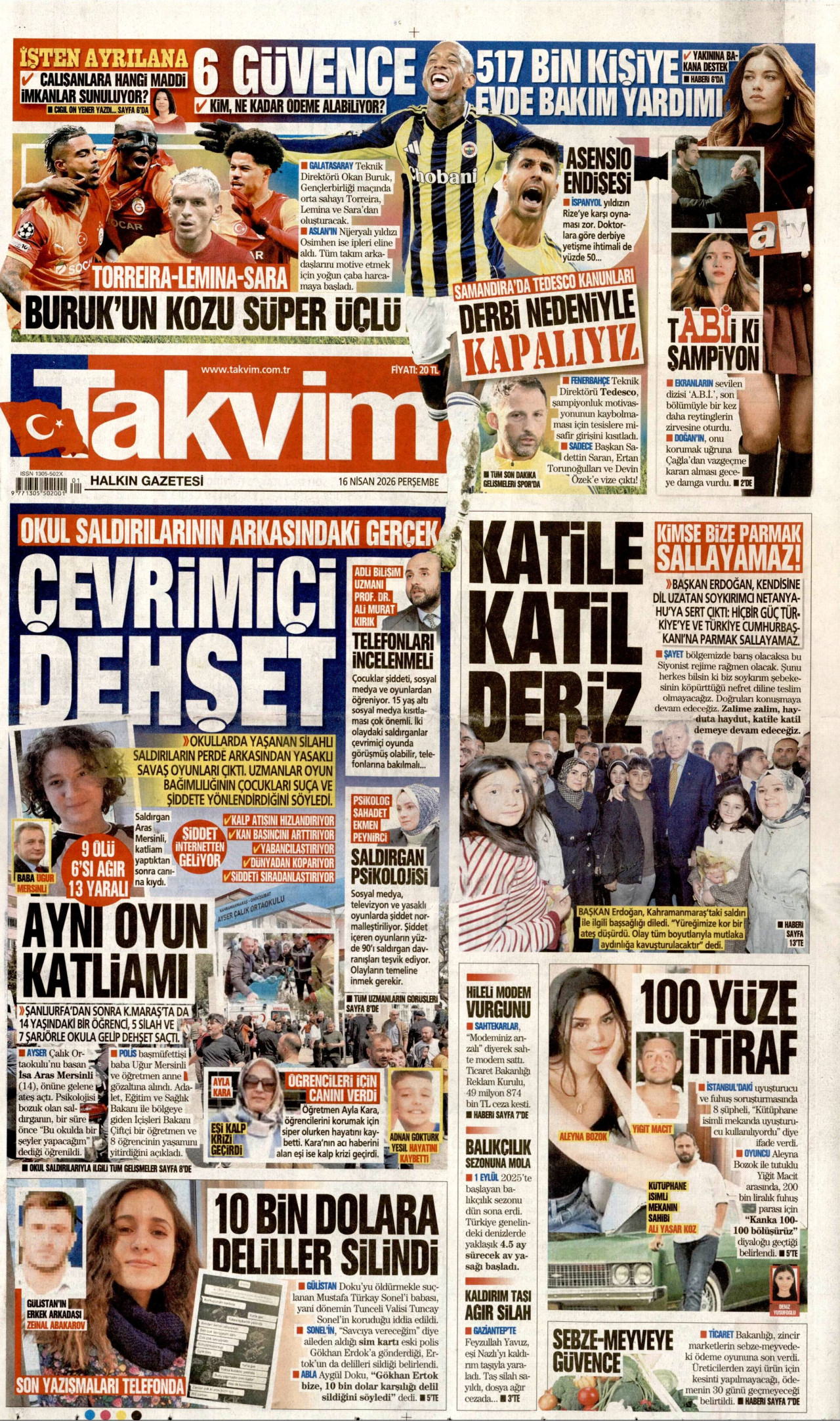 TAKVİM gazetesinin 16 Nisan 2026 tarihli birinci sayfası