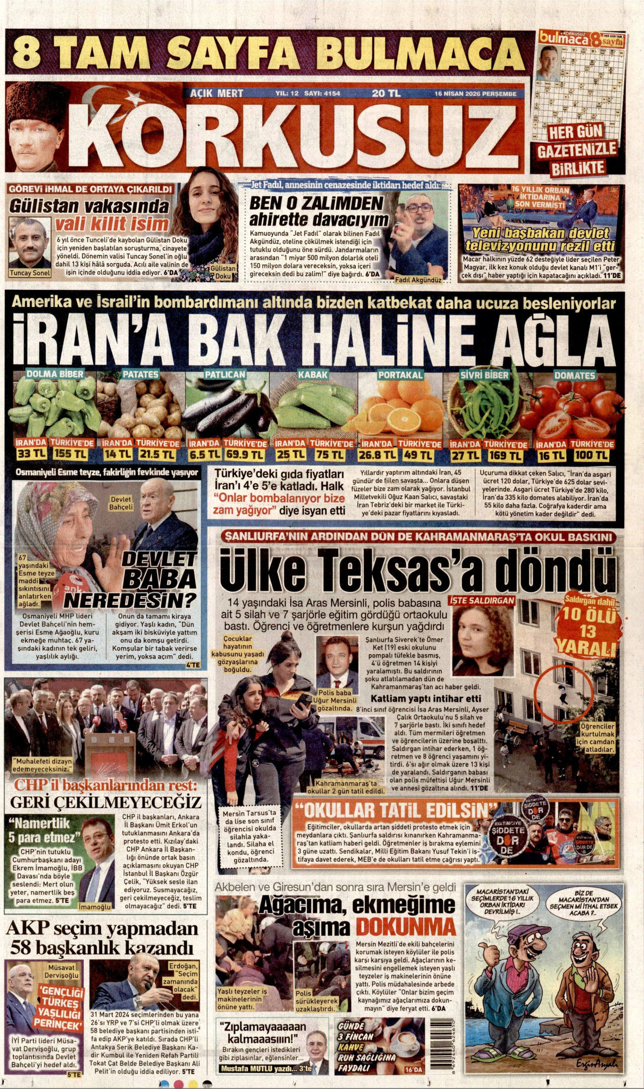 KORKUSUZ gazetesinin 16 Nisan 2026 tarihli birinci sayfası