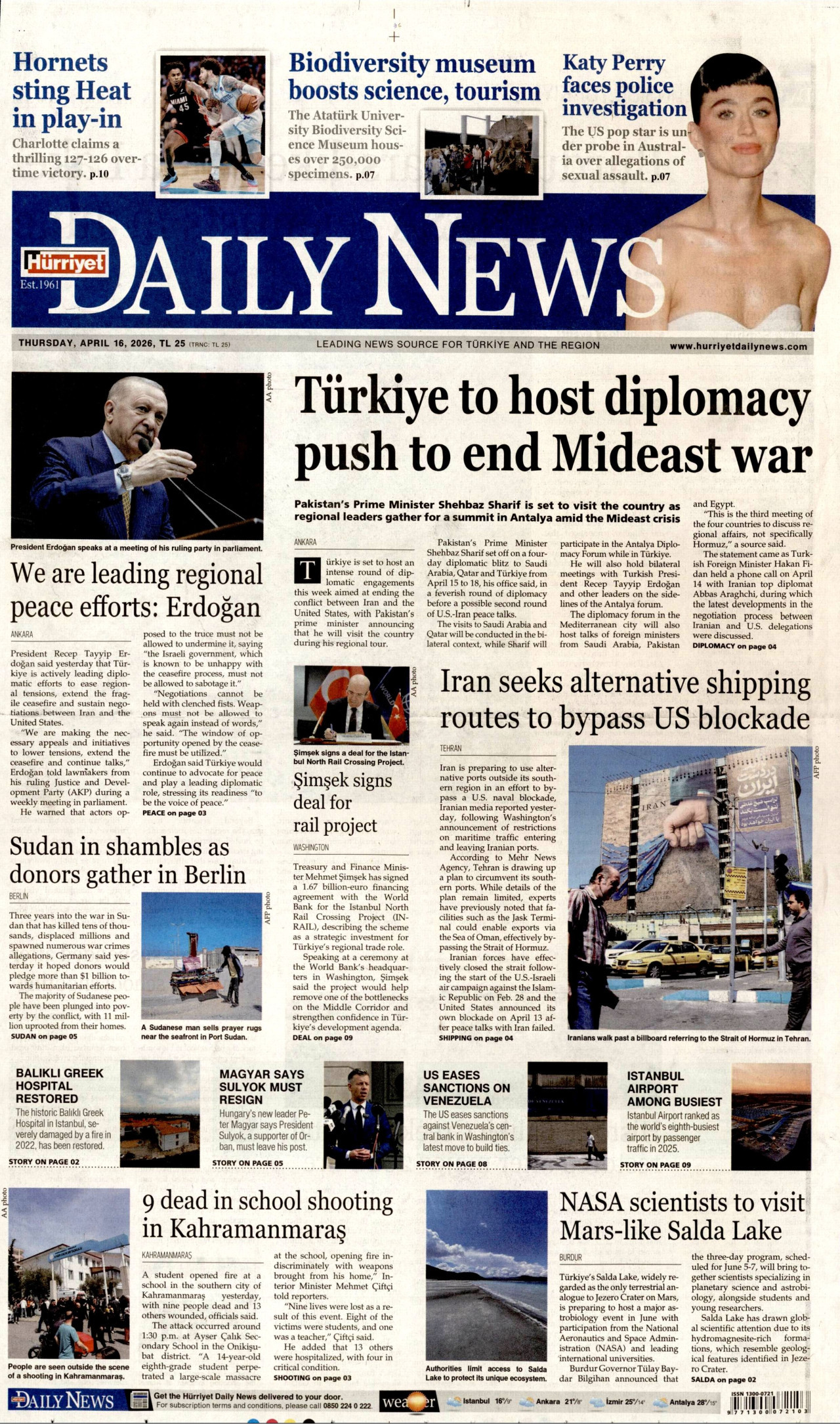HÜRRİYET DAİLY NEWS gazetesinin 16 Nisan 2026 tarihli birinci sayfası