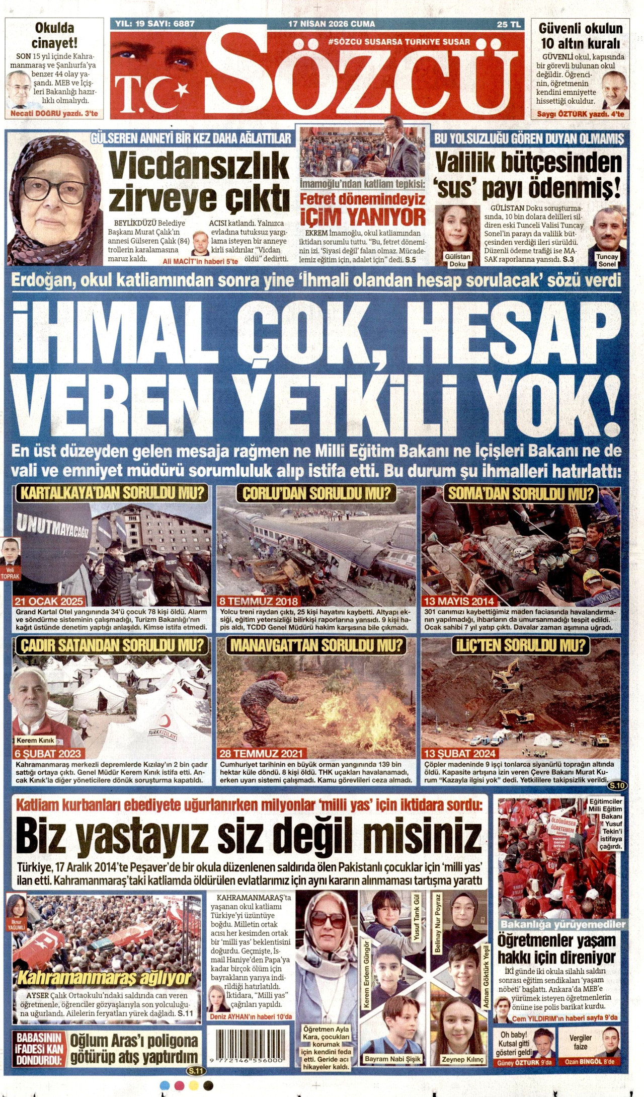 SÖZCÜ gazetesinin 17 Nisan 2026 tarihli birinci sayfası