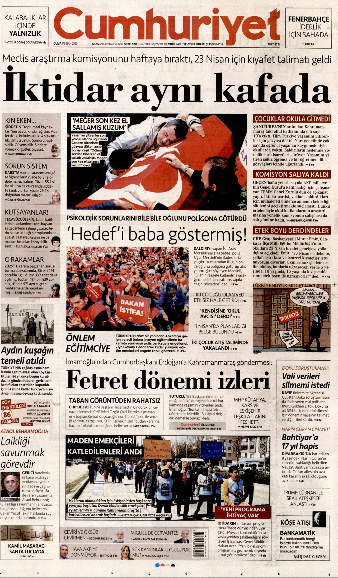 CUMHURİYET gazetesinin 17 Nisan 2026 tarihli birinci sayfası