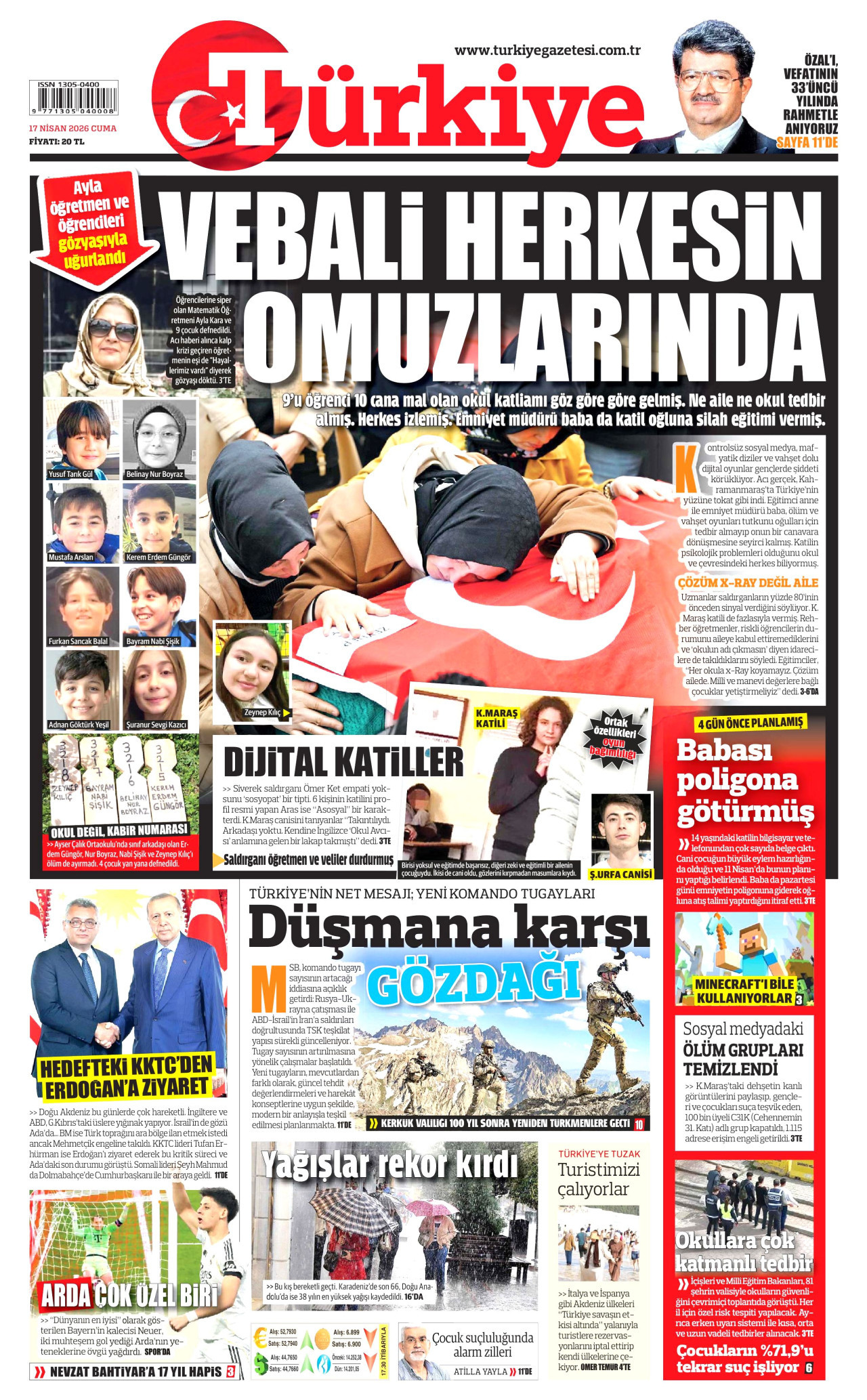 TÜRKİYE GAZETESİ gazetesinin 17 Nisan 2026 tarihli birinci sayfası