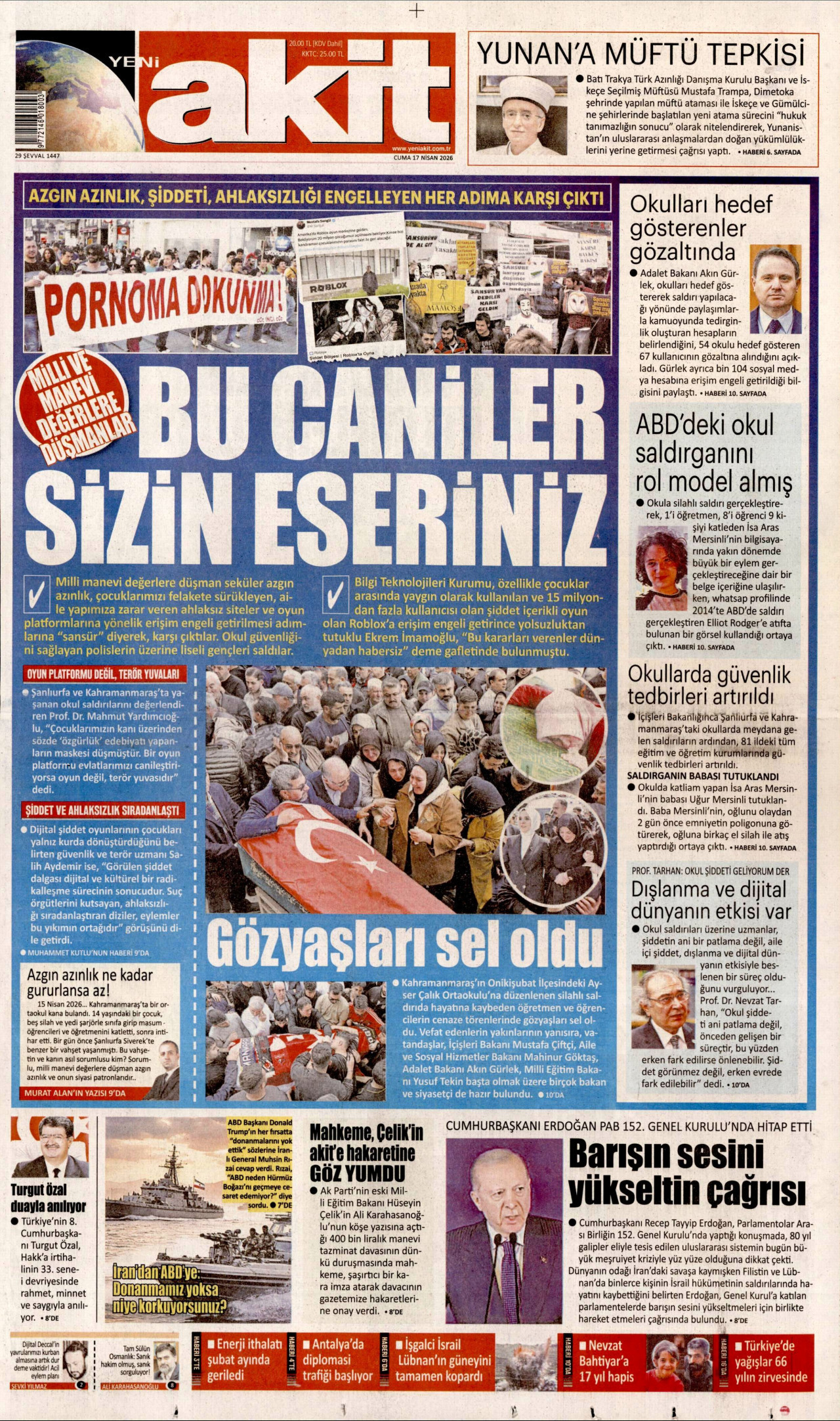 YENİ AKİT gazetesinin 17 Nisan 2026 tarihli birinci sayfası