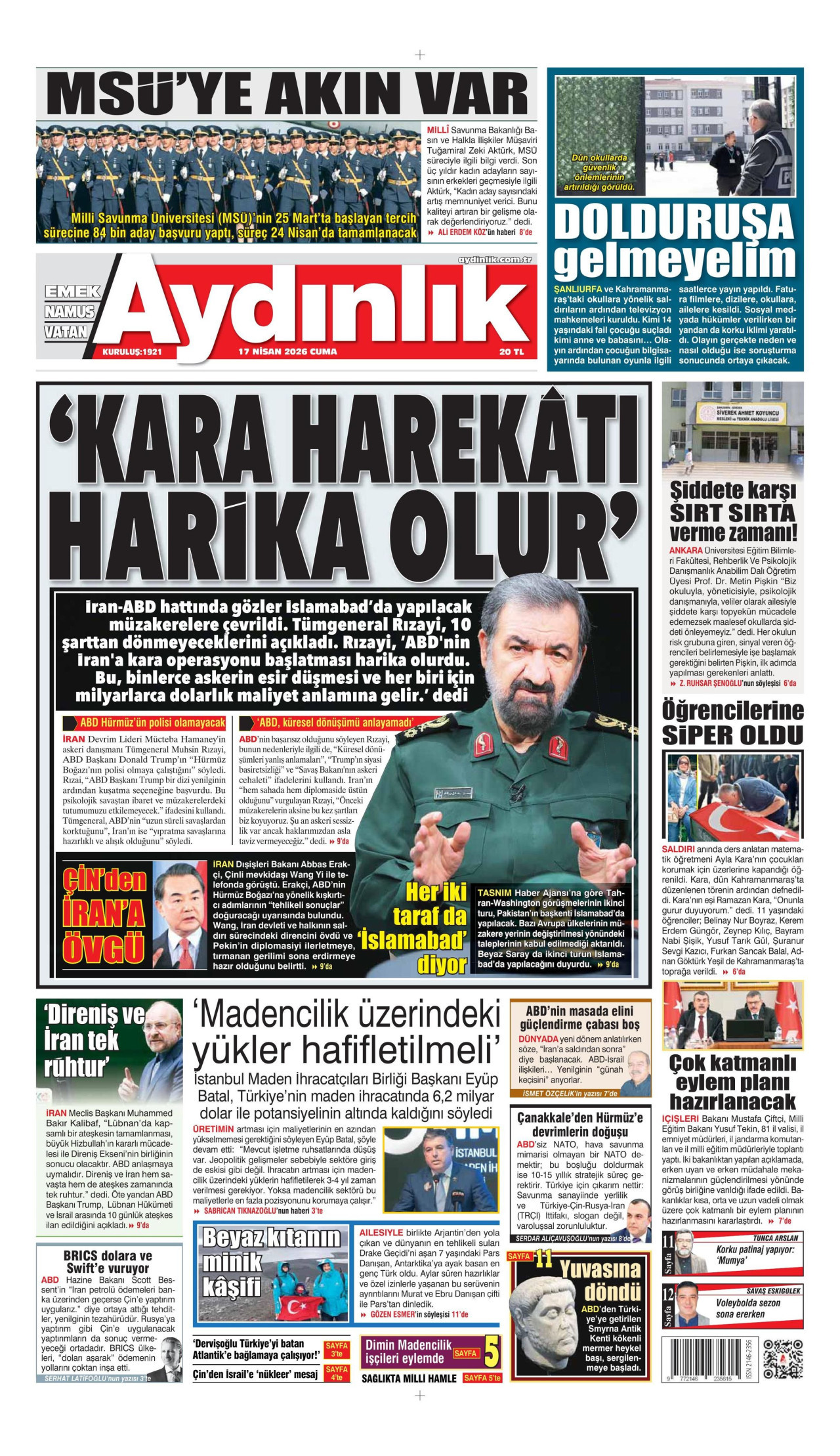 AYDINLIK GAZETESİ gazetesinin 17 Nisan 2026 tarihli birinci sayfası