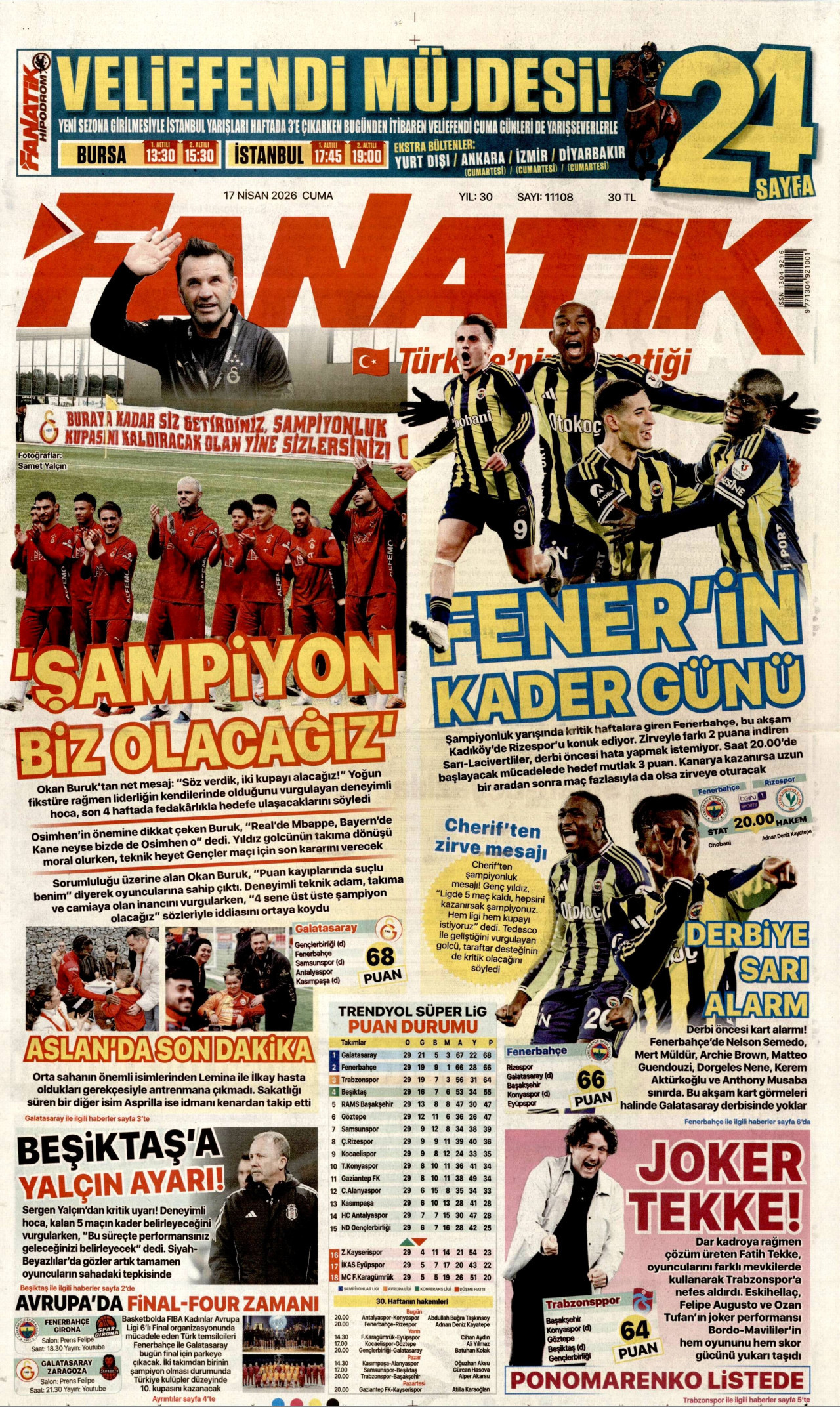 FANATİK gazetesinin 17 Nisan 2026 tarihli birinci sayfası