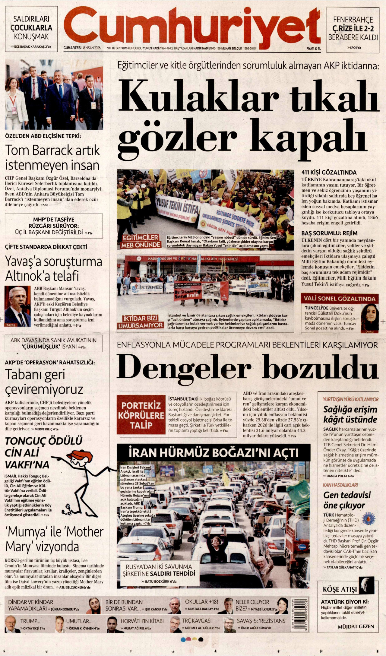 CUMHURİYET gazetesinin 18 Nisan 2026 tarihli birinci sayfası