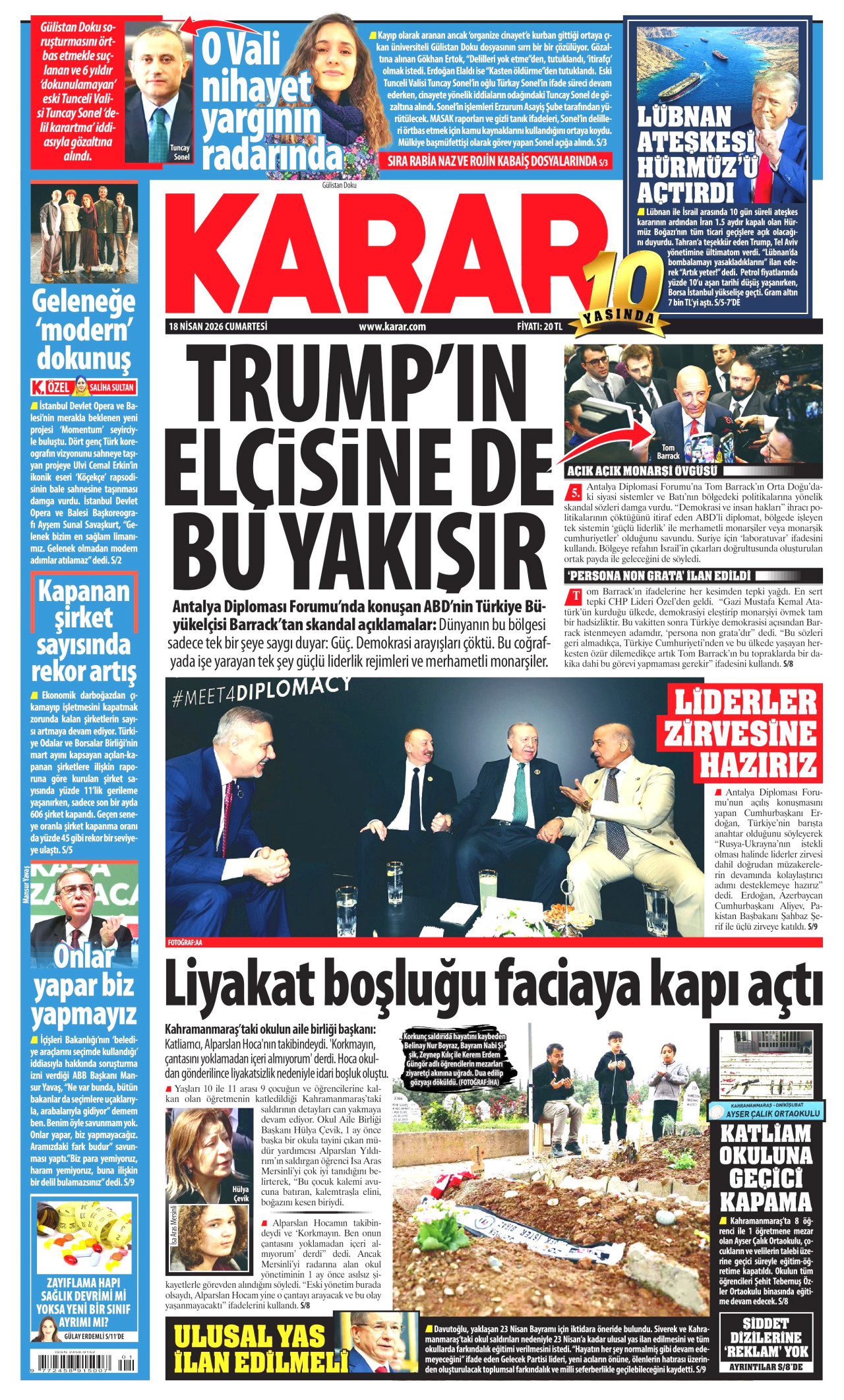 KARAR gazetesinin 18 Nisan 2026 tarihli birinci sayfası