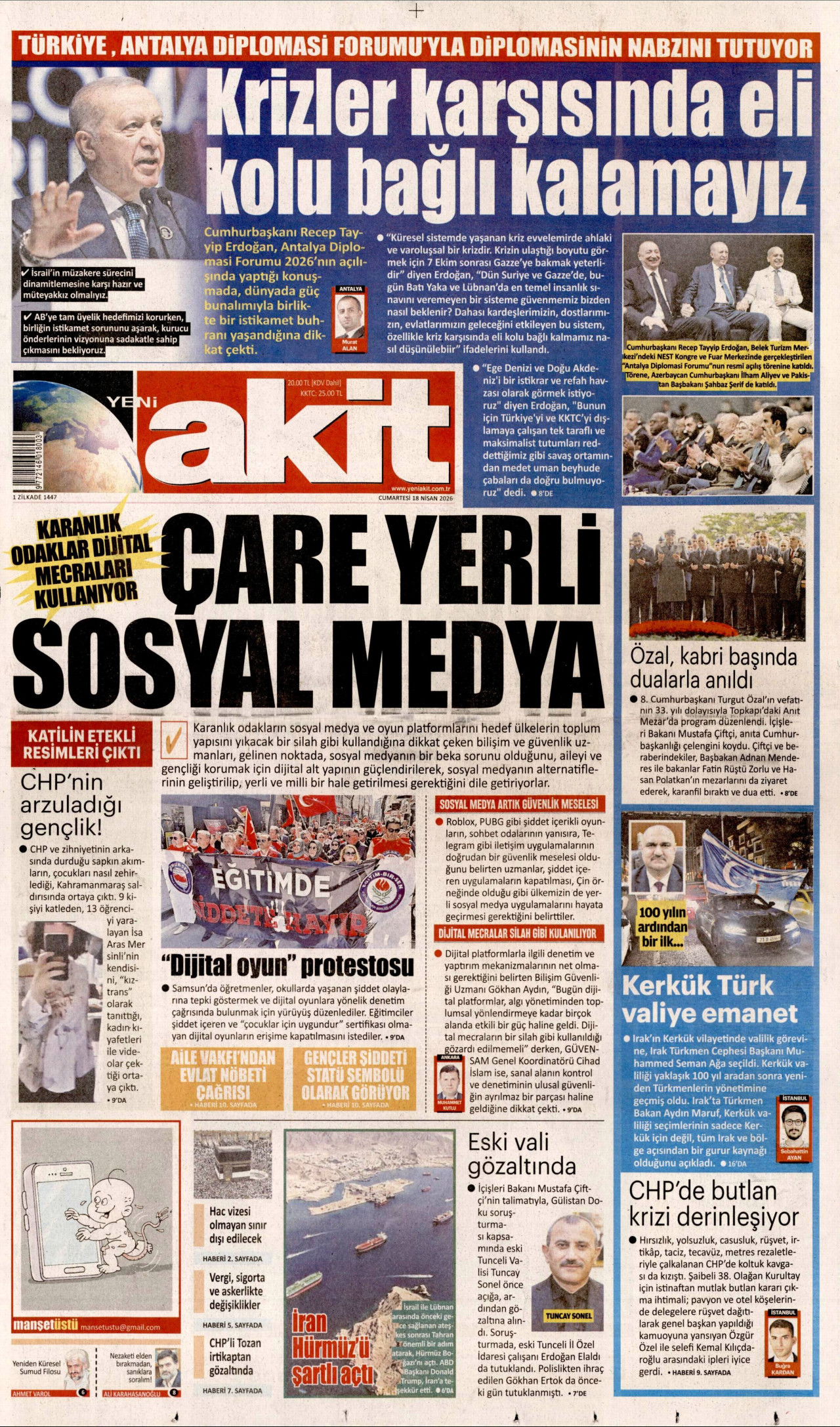 YENİ AKİT gazetesinin 18 Nisan 2026 tarihli birinci sayfası