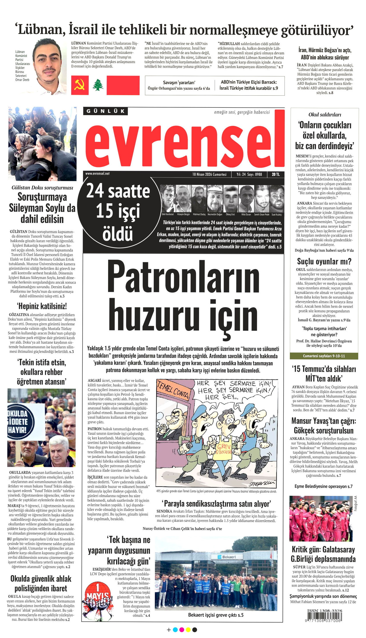 EVRENSEL gazetesinin 18 Nisan 2026 tarihli birinci sayfası