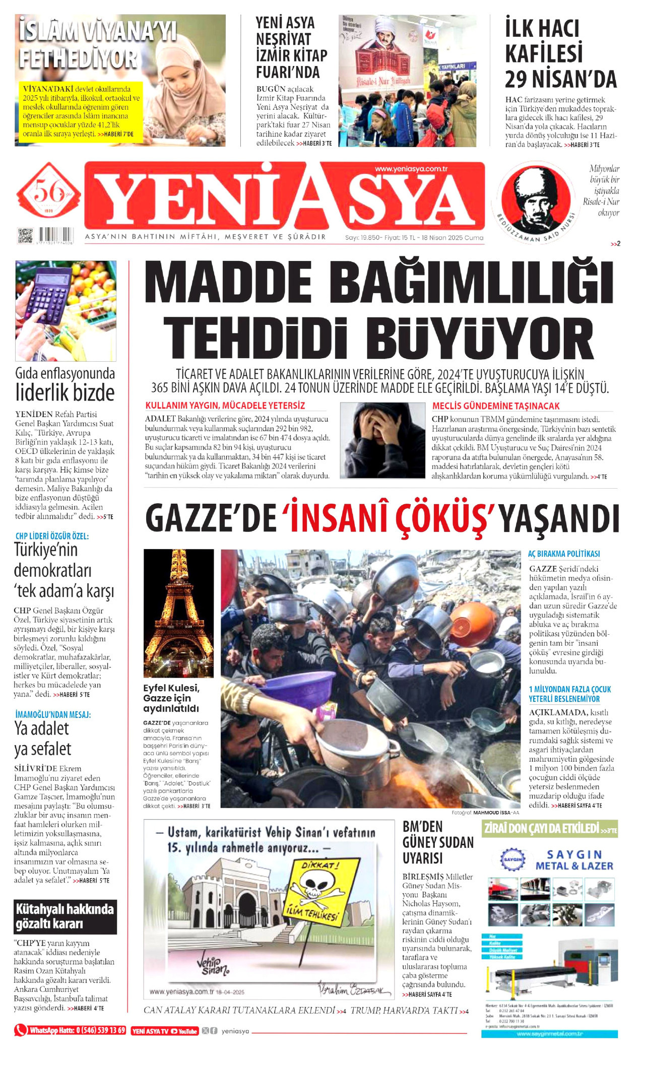YENİ ASYA gazetesinin 18 Nisan 2026 tarihli birinci sayfası