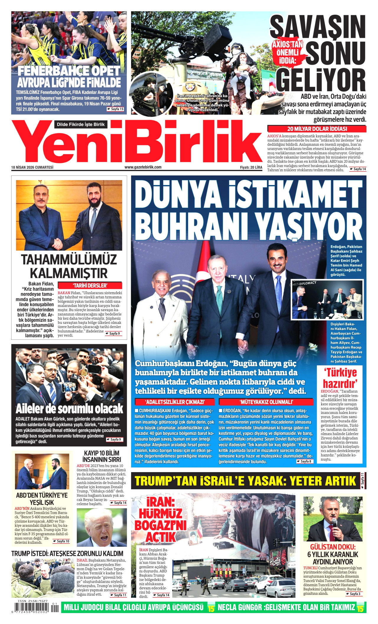 YENİBİRLİK gazetesinin 18 Nisan 2026 tarihli birinci sayfası