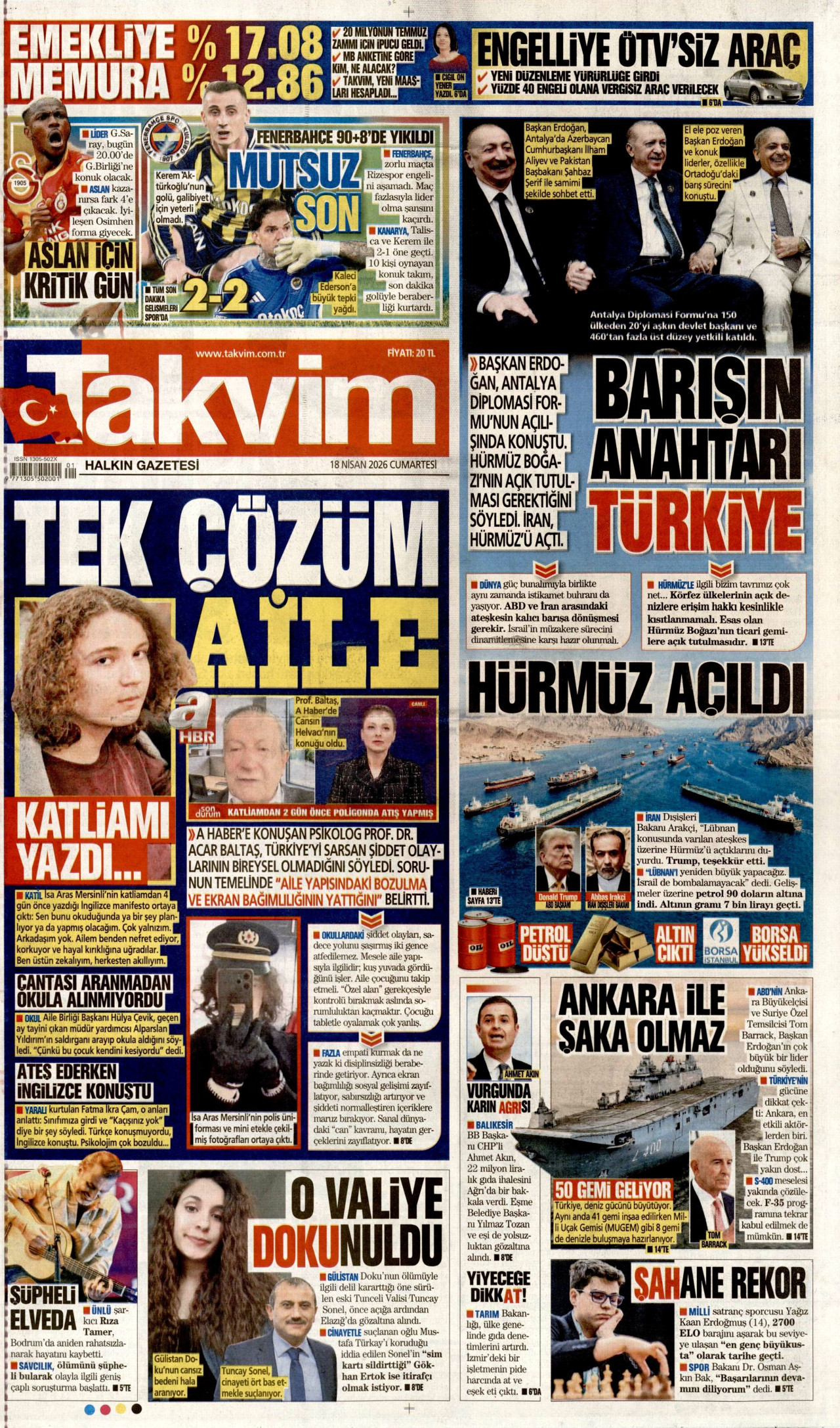 TAKVİM gazetesinin 18 Nisan 2026 tarihli birinci sayfası
