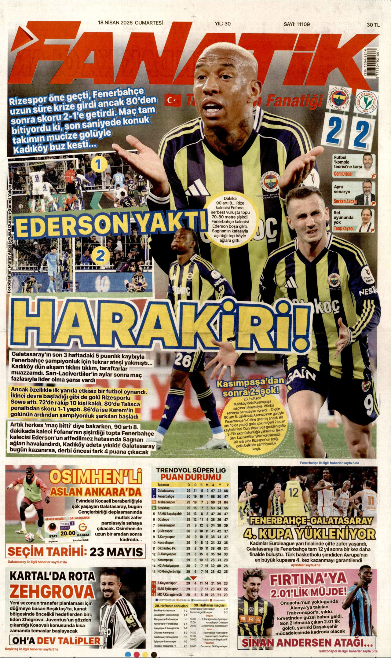FANATİK gazetesinin 18 Nisan 2026 tarihli birinci sayfası