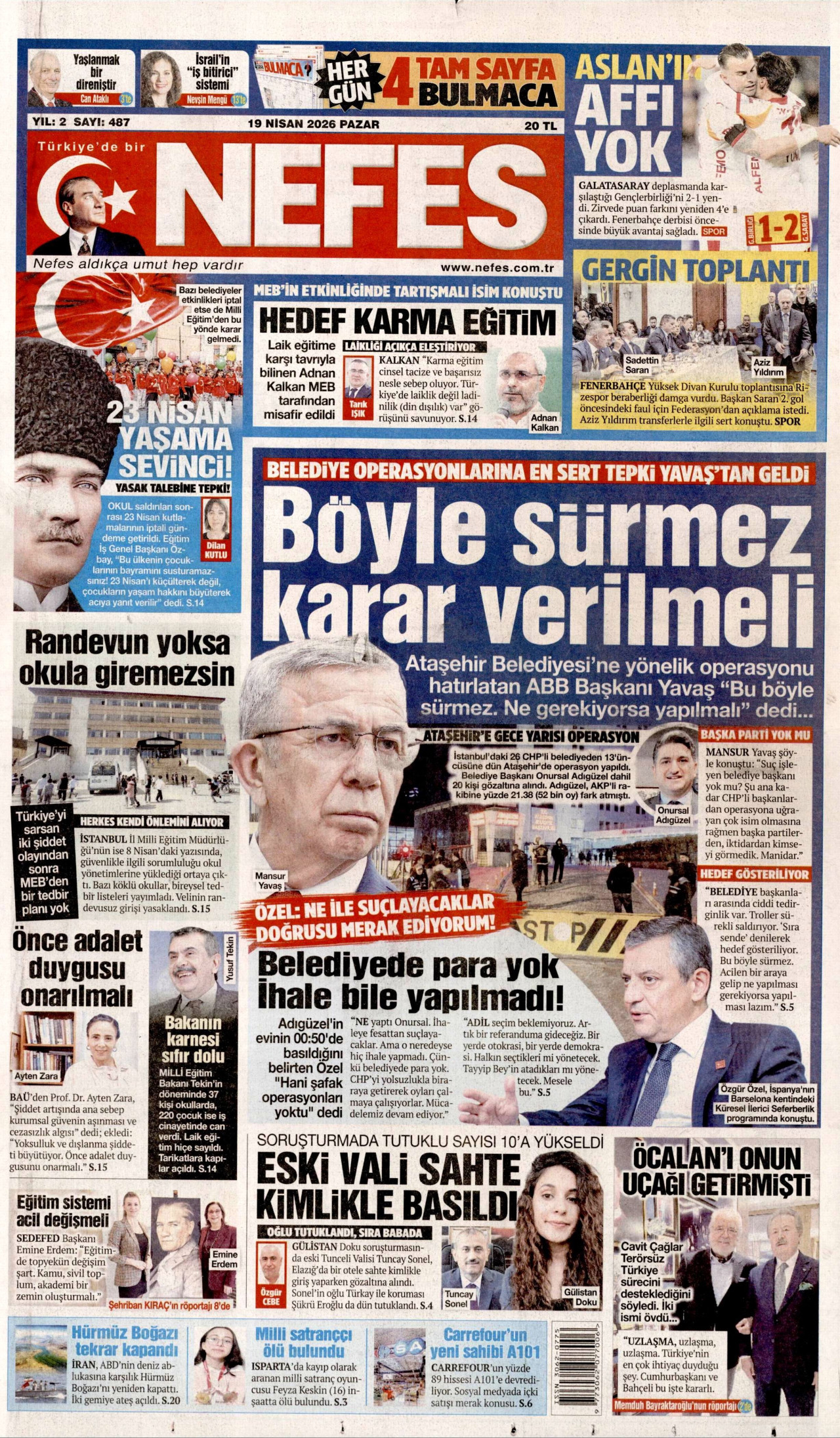 NEFES gazetesinin 19 Nisan 2026 tarihli birinci sayfası