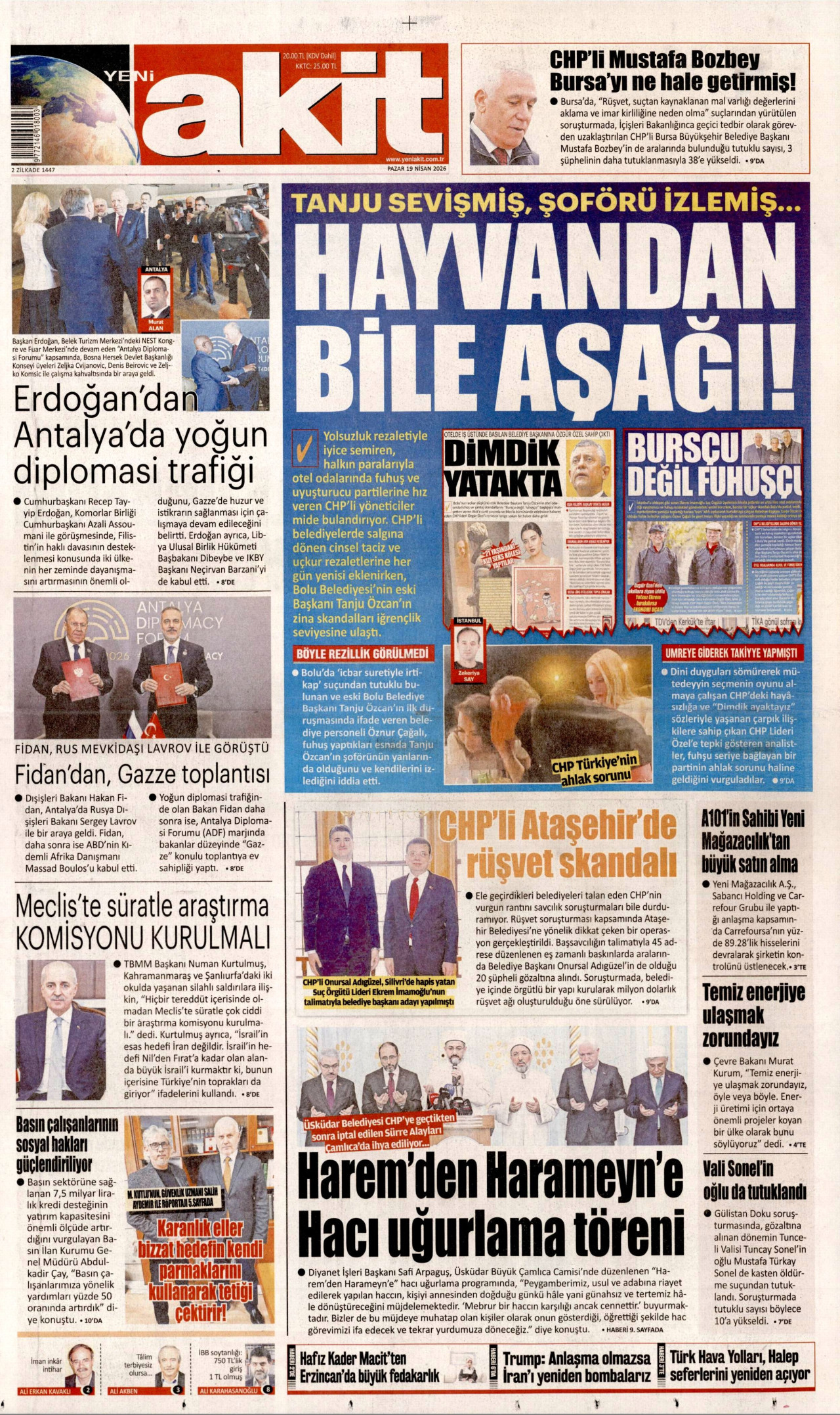 YENİ AKİT gazetesinin 19 Nisan 2026 tarihli birinci sayfası
