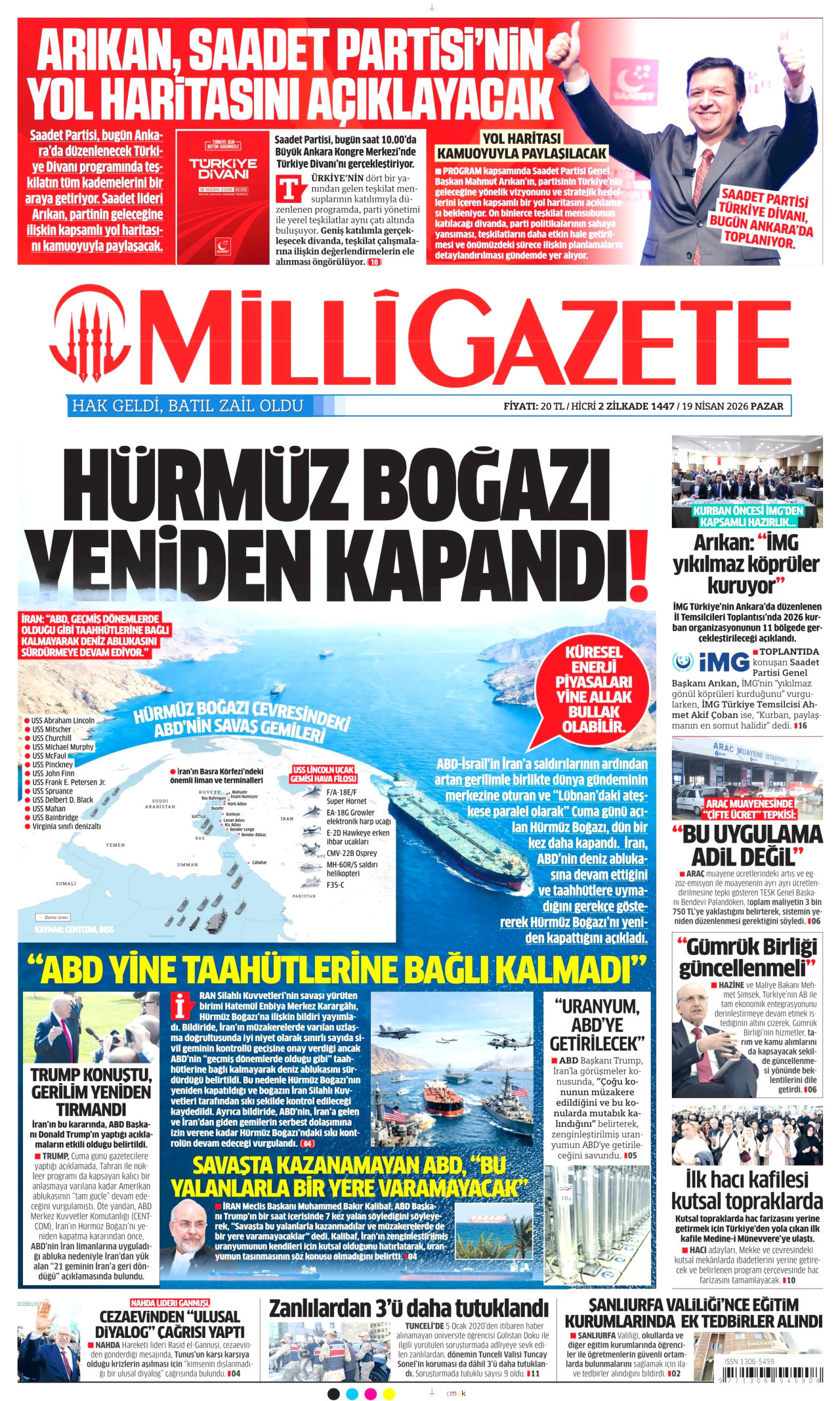 MİLLİ GAZETE gazetesinin 19 Nisan 2026 tarihli birinci sayfası