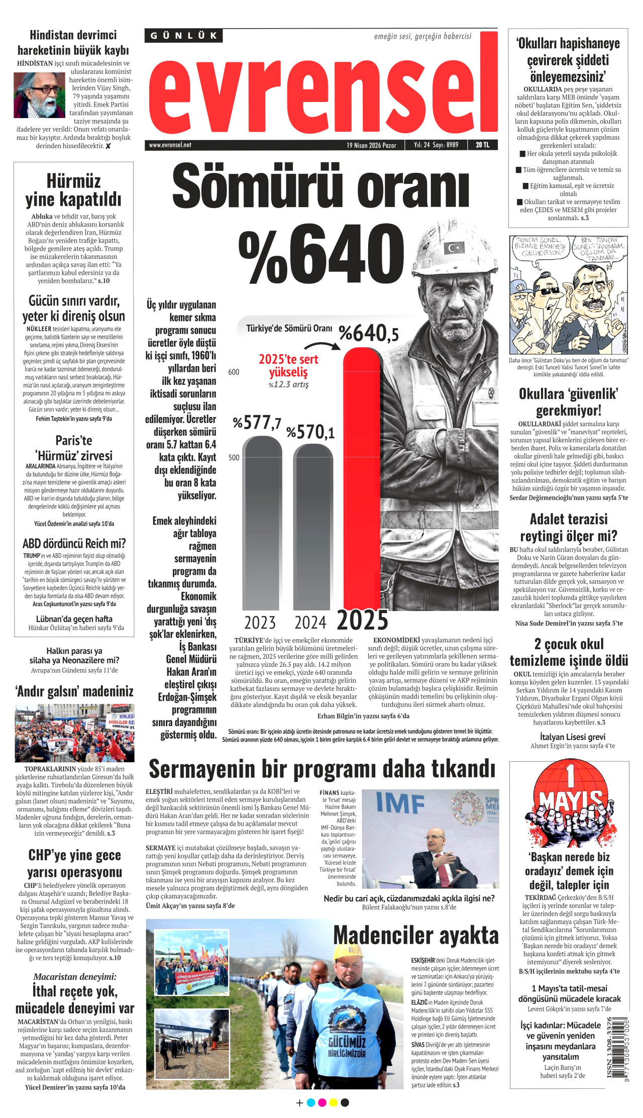 EVRENSEL gazetesinin 19 Nisan 2026 tarihli birinci sayfası