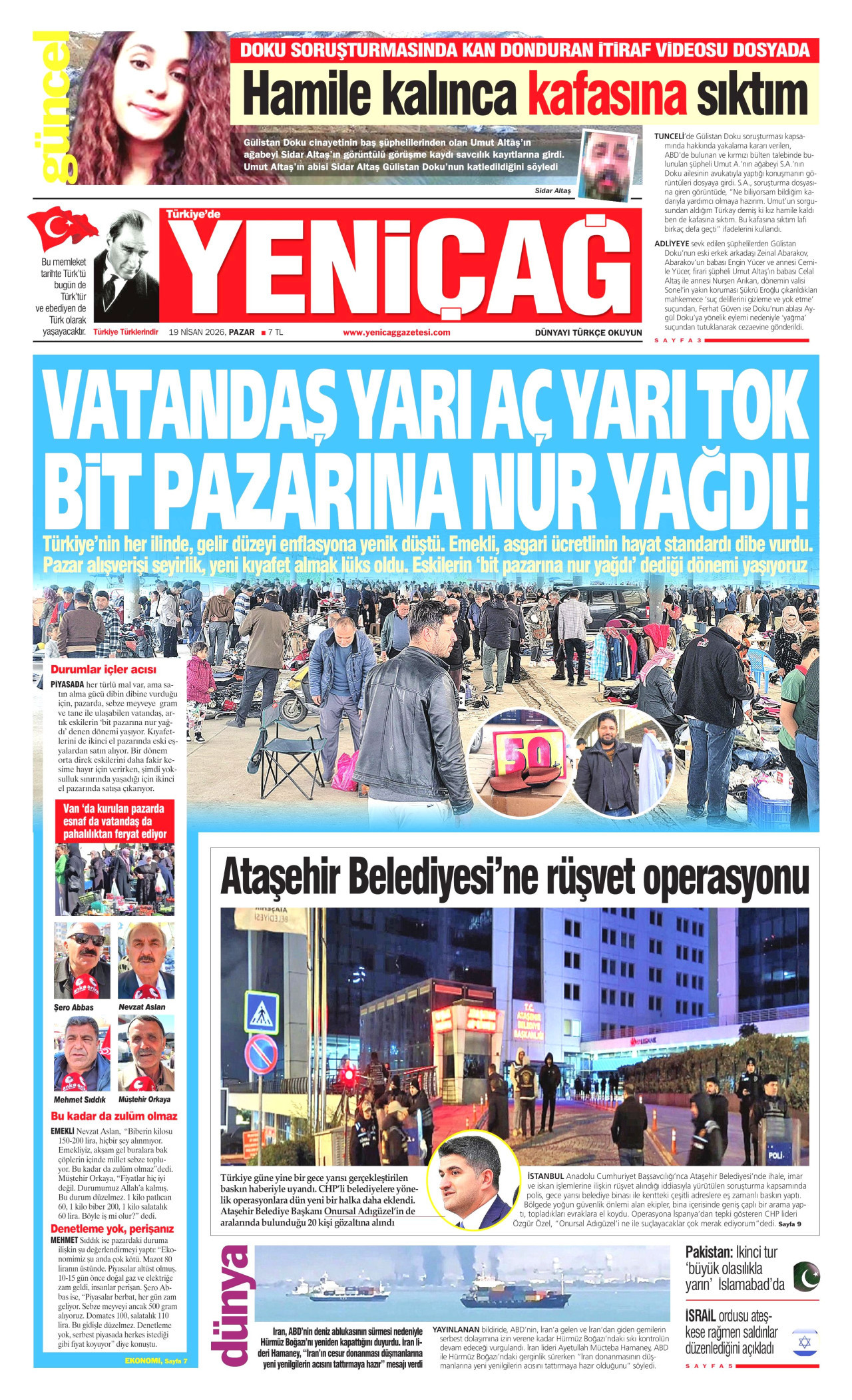 YENİÇAĞ gazetesinin 19 Nisan 2026 tarihli birinci sayfası