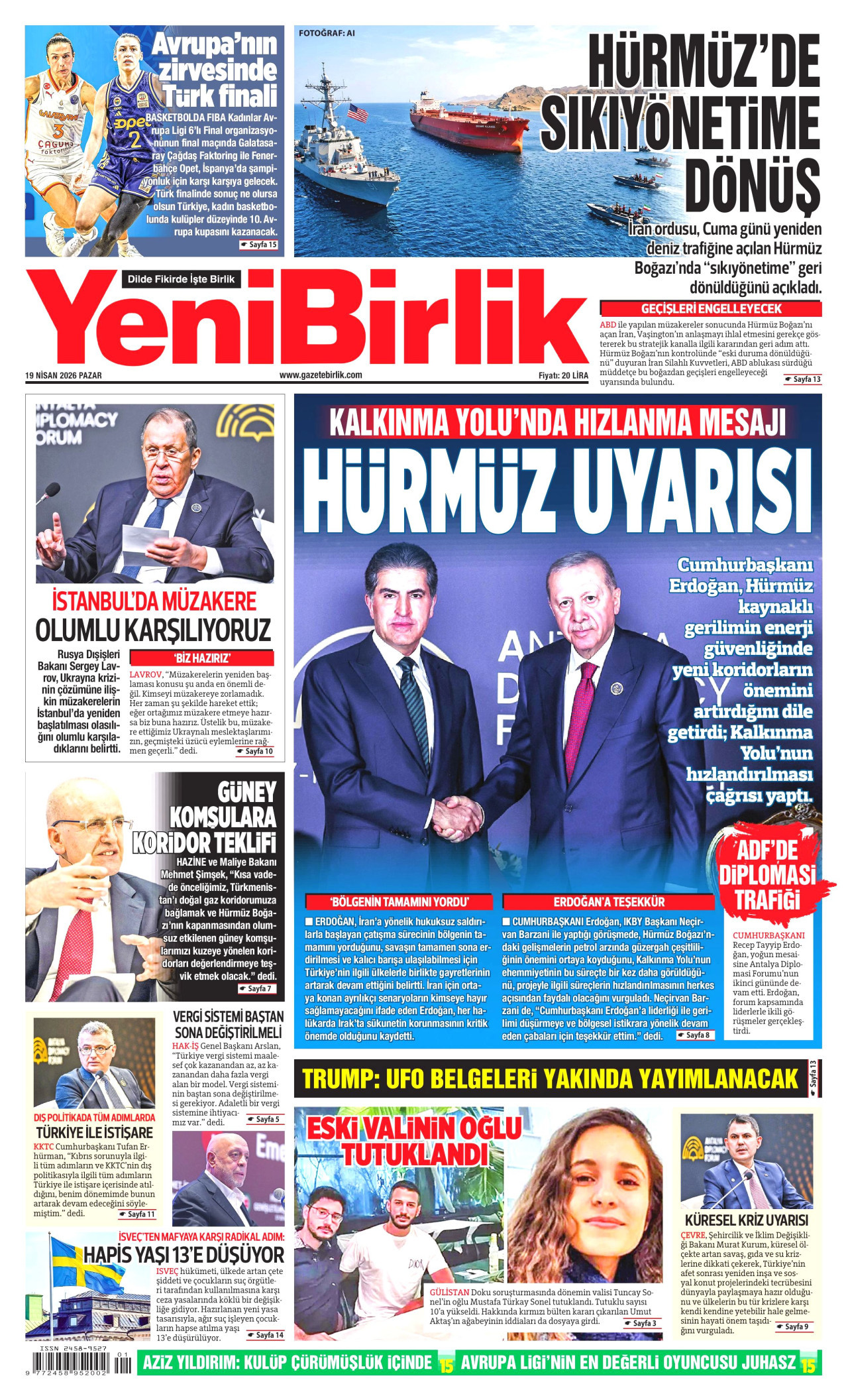 YENİBİRLİK gazetesinin 19 Nisan 2026 tarihli birinci sayfası