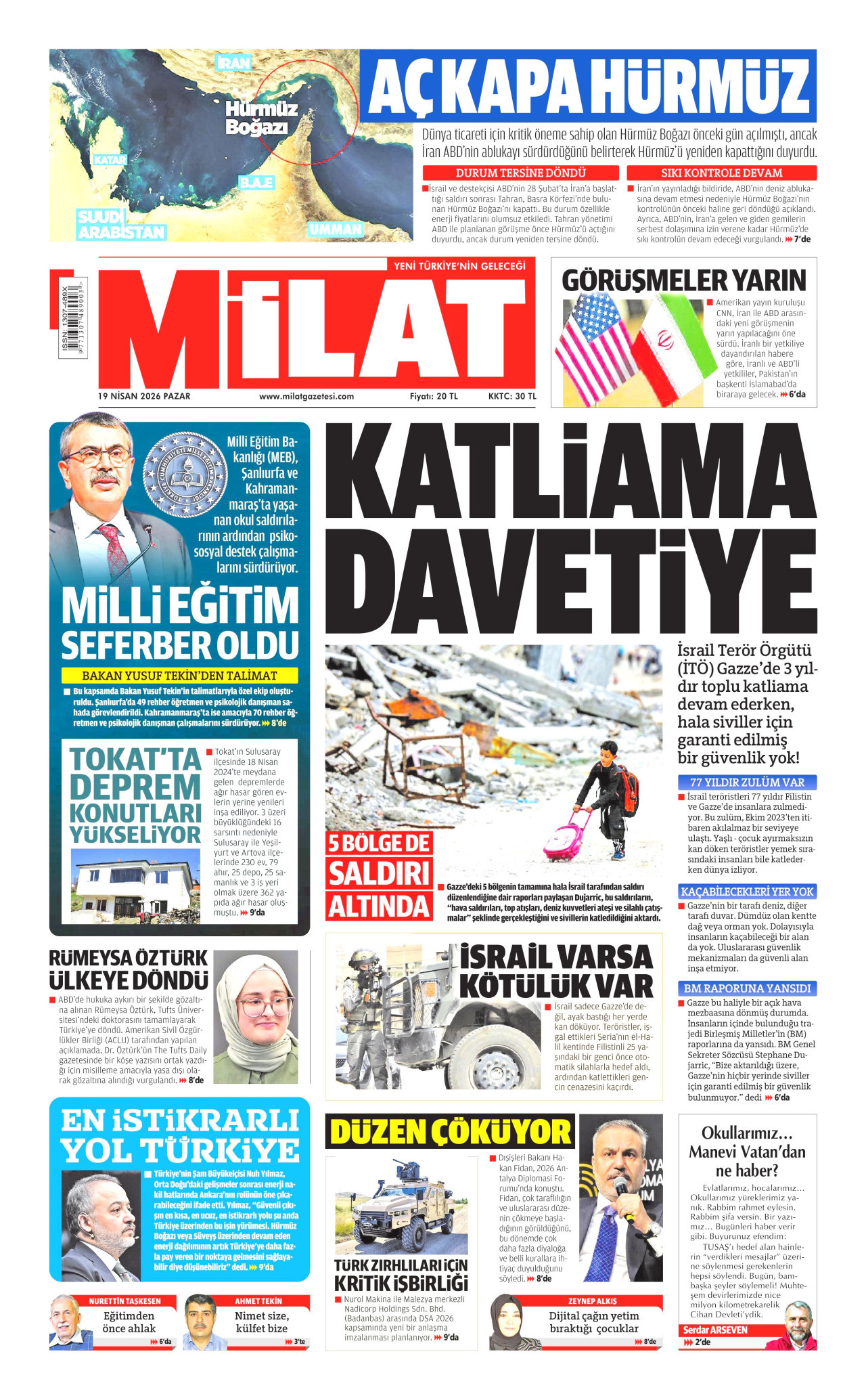 MİLAT gazetesinin 19 Nisan 2026 tarihli birinci sayfası