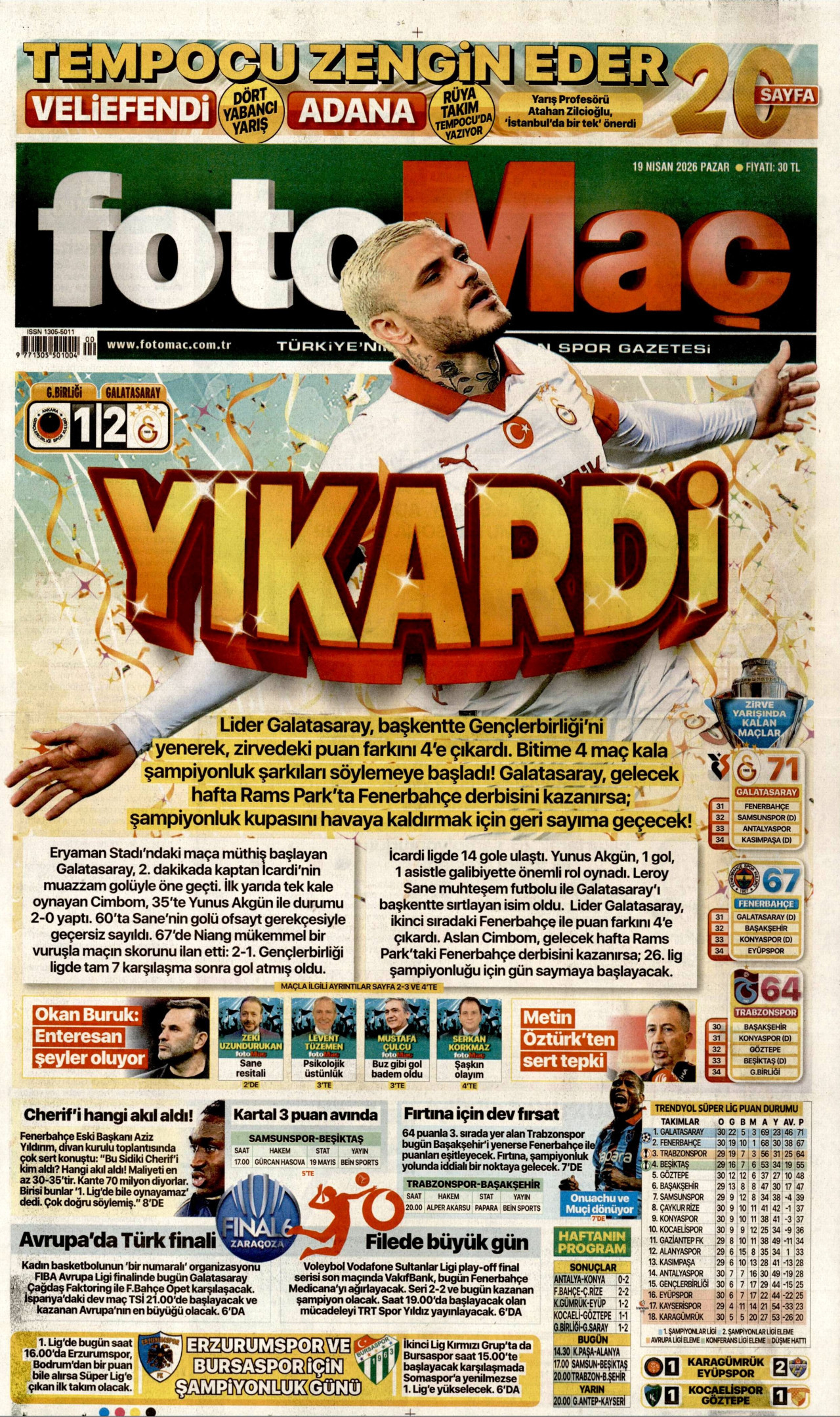 FOTOMAÇ gazetesinin 19 Nisan 2026 tarihli birinci sayfası