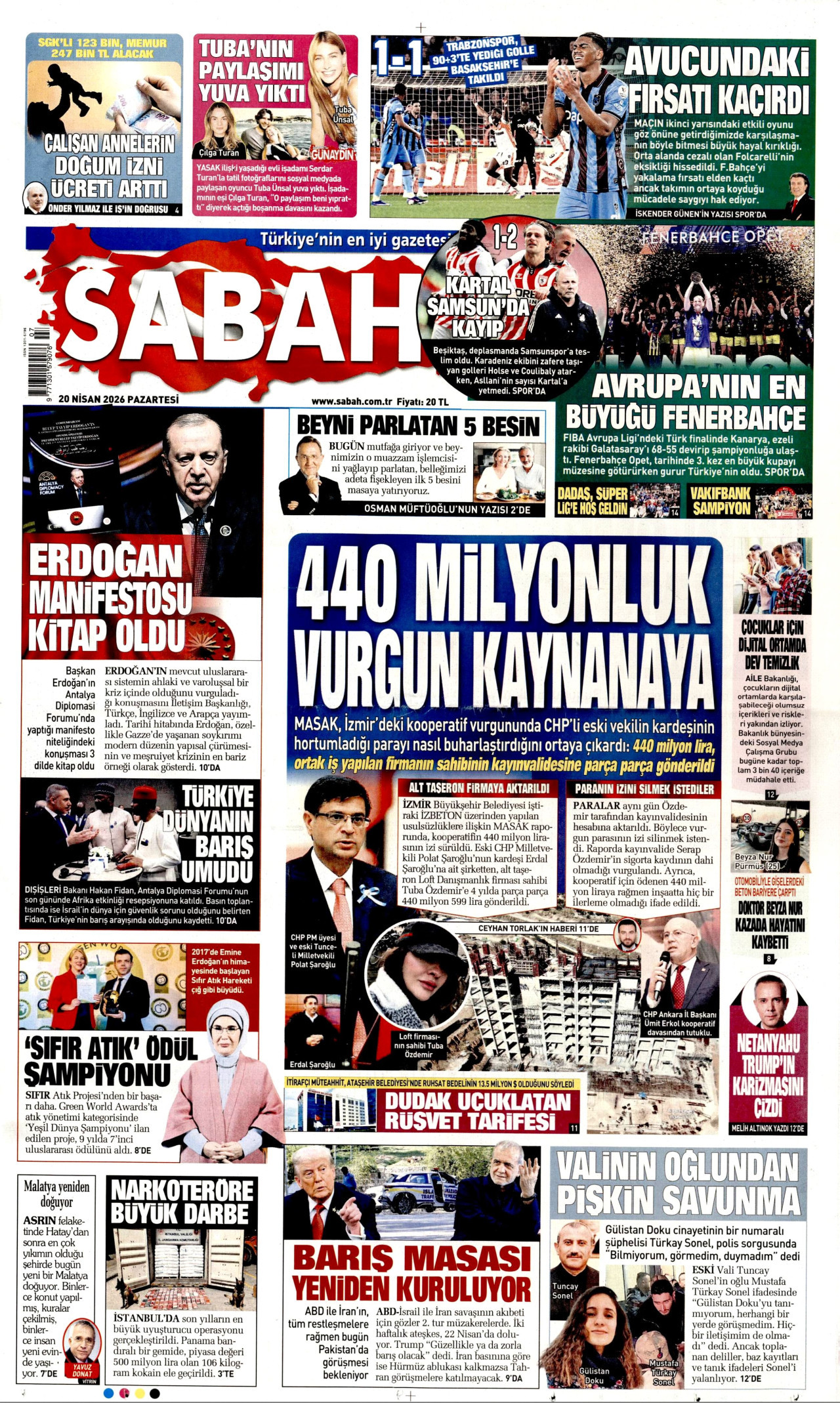 SABAH gazetesinin 20 Nisan 2026 tarihli birinci sayfası
