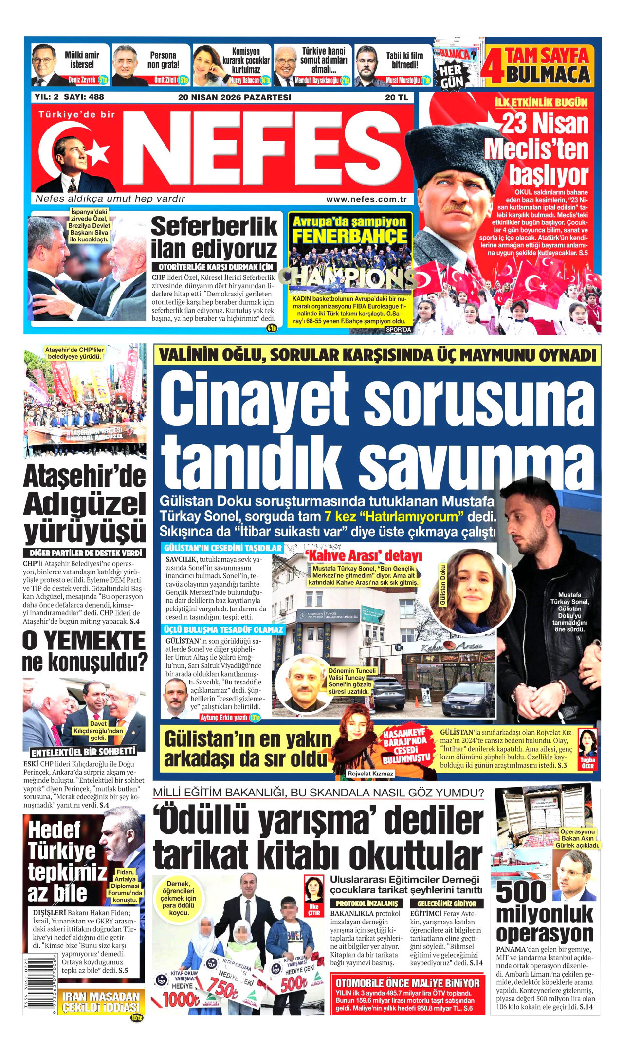 NEFES gazetesinin 20 Nisan 2026 tarihli birinci sayfası