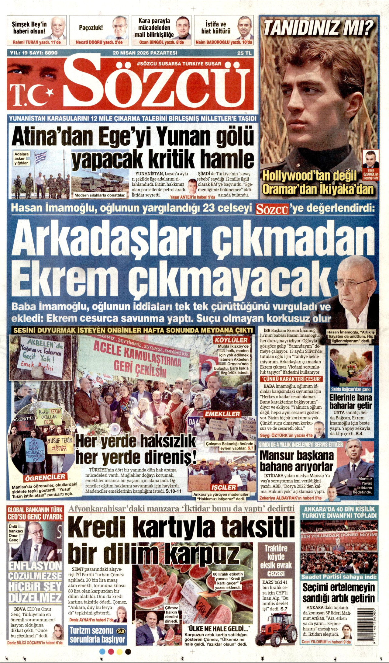 SÖZCÜ gazetesinin 20 Nisan 2026 tarihli birinci sayfası