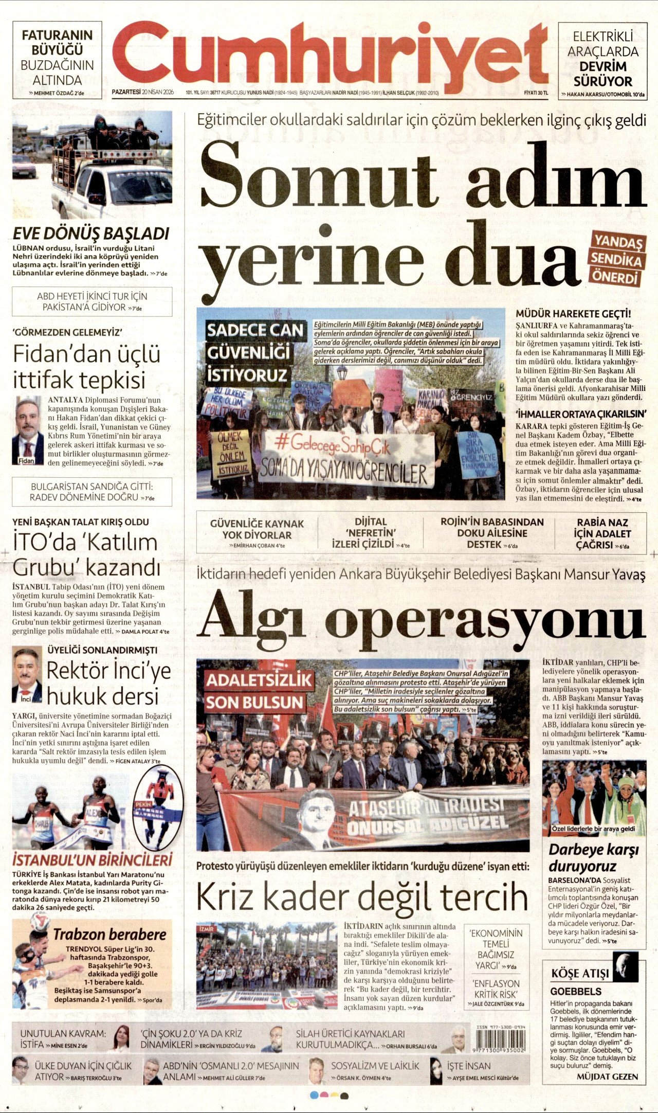 CUMHURİYET gazetesinin 20 Nisan 2026 tarihli birinci sayfası