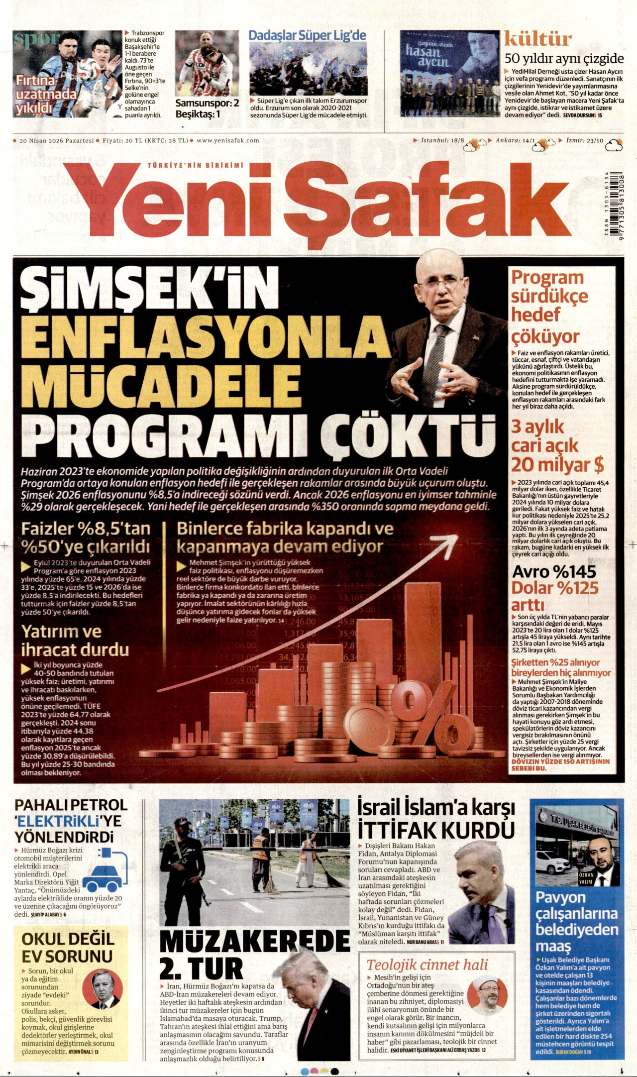 YENİ ŞAFAK gazetesinin 20 Nisan 2026 tarihli birinci sayfası