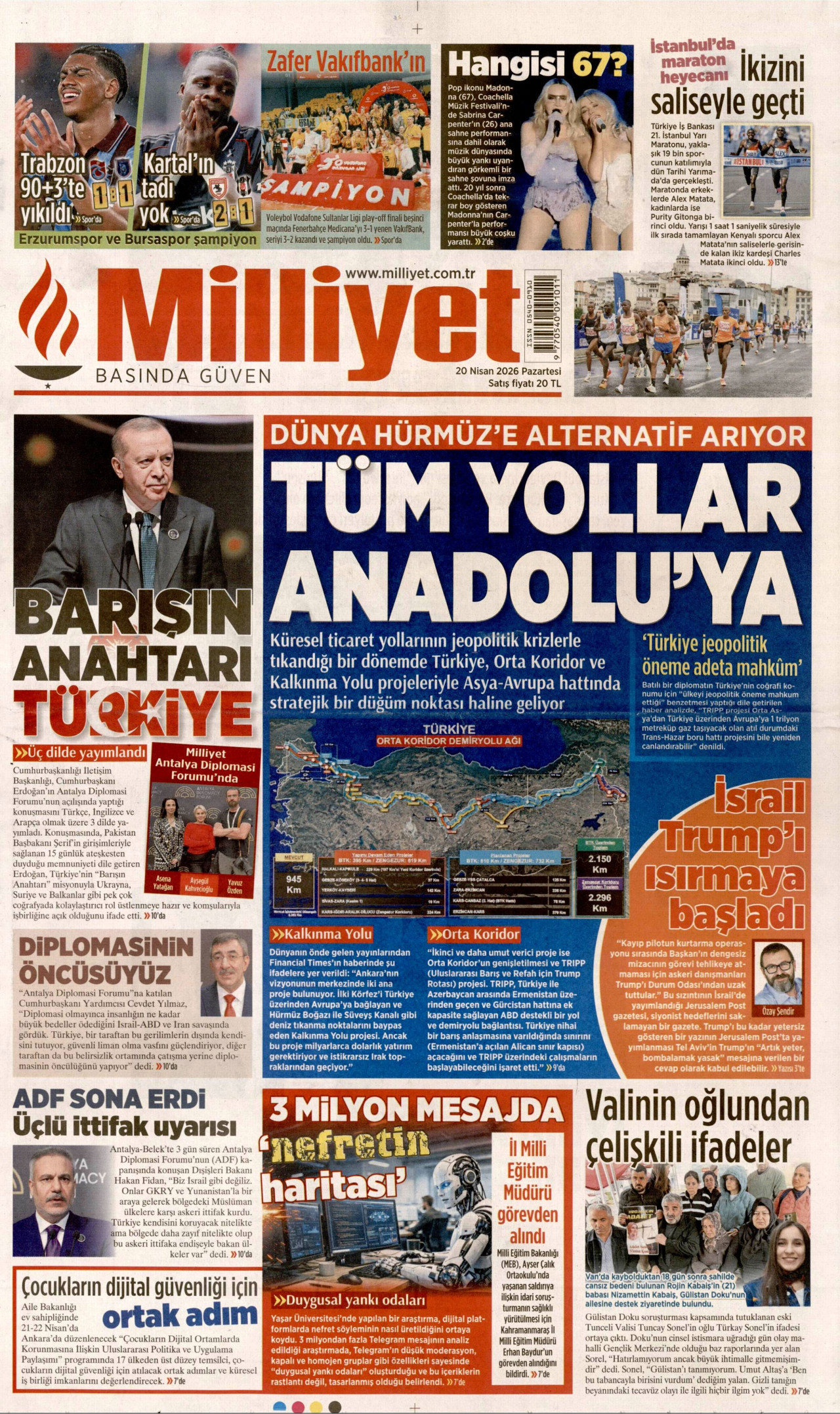 MİLLİYET gazetesinin 20 Nisan 2026 tarihli birinci sayfası