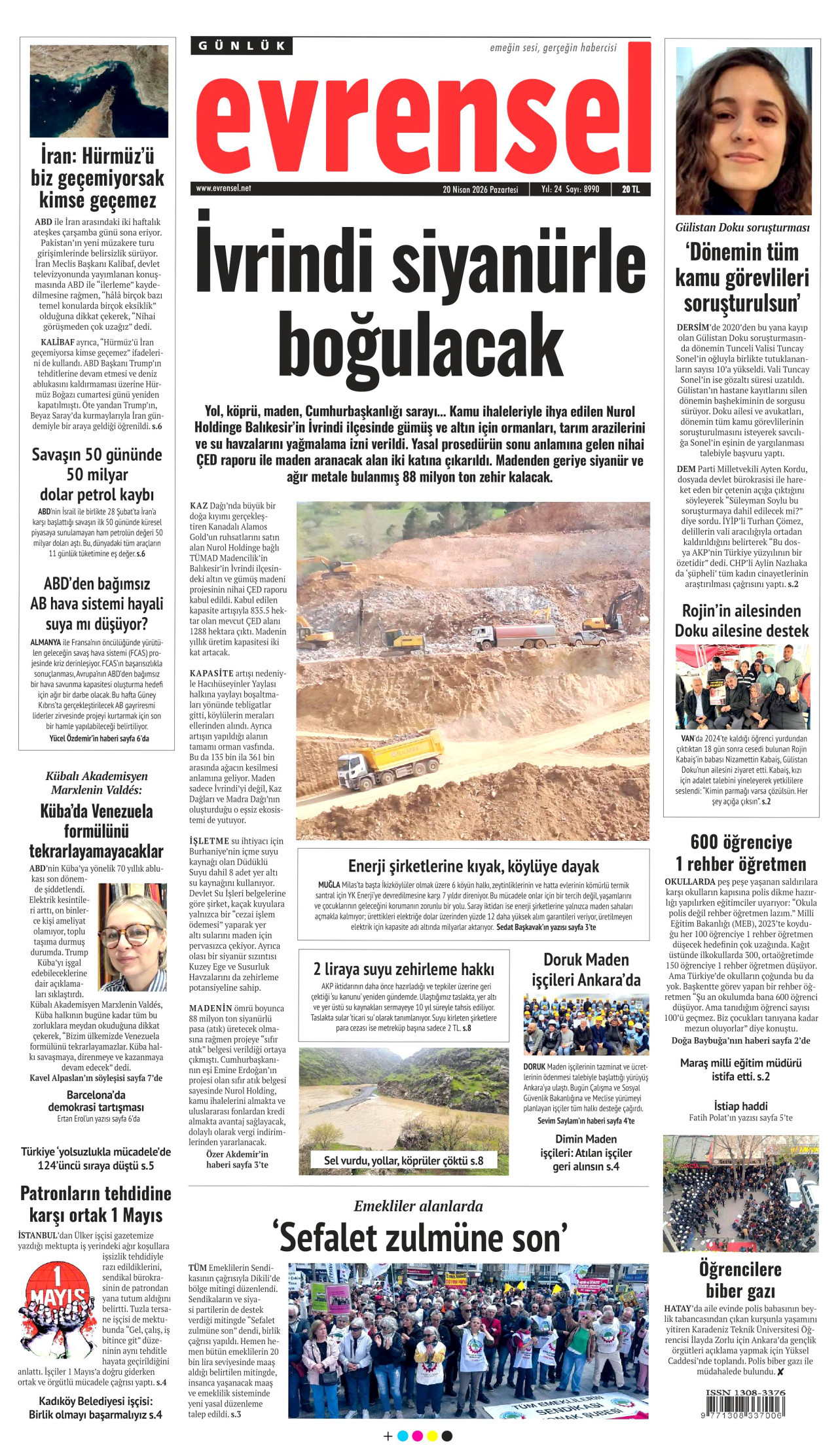 EVRENSEL gazetesinin 20 Nisan 2026 tarihli birinci sayfası