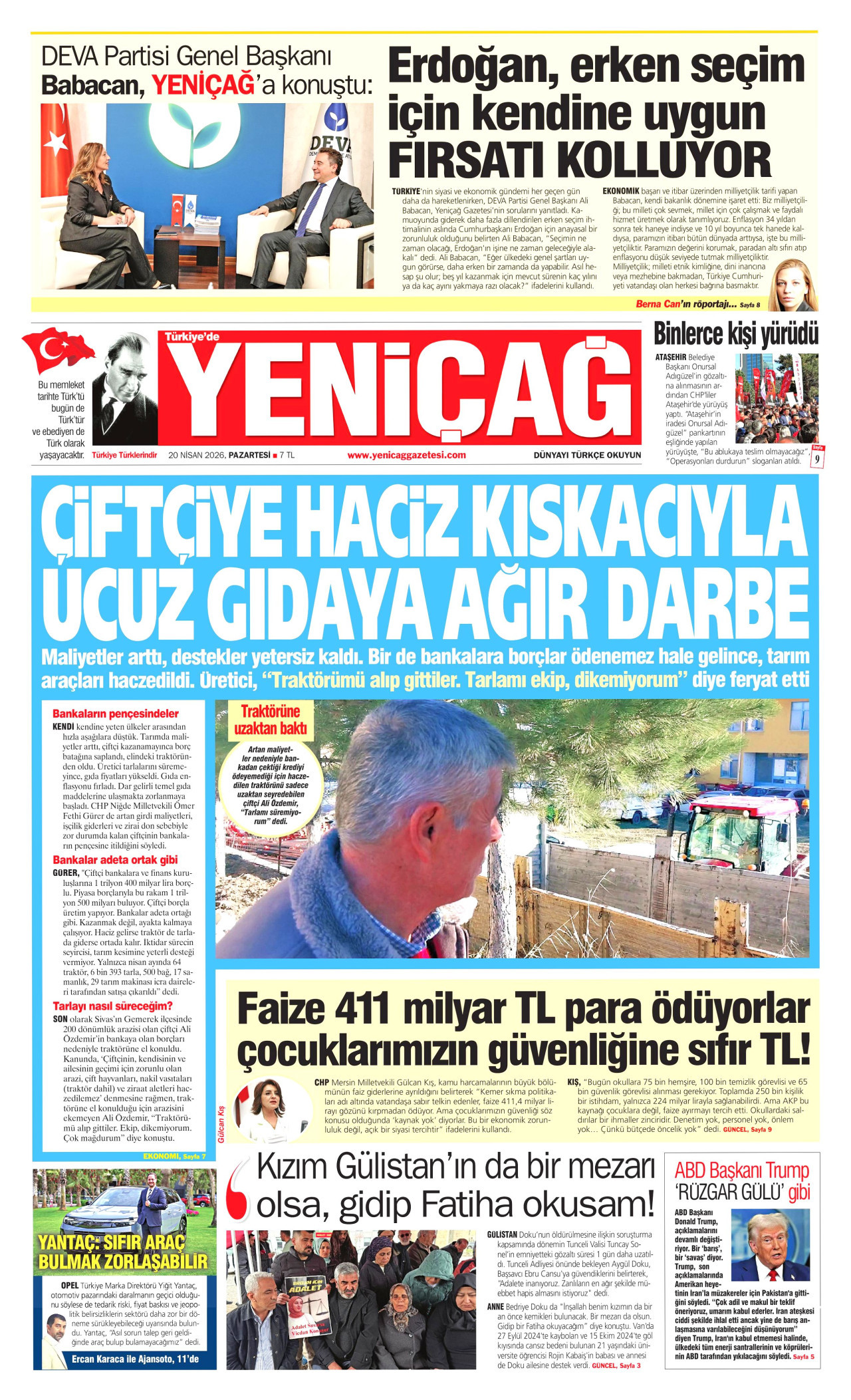 YENİÇAĞ gazetesinin 20 Nisan 2026 tarihli birinci sayfası