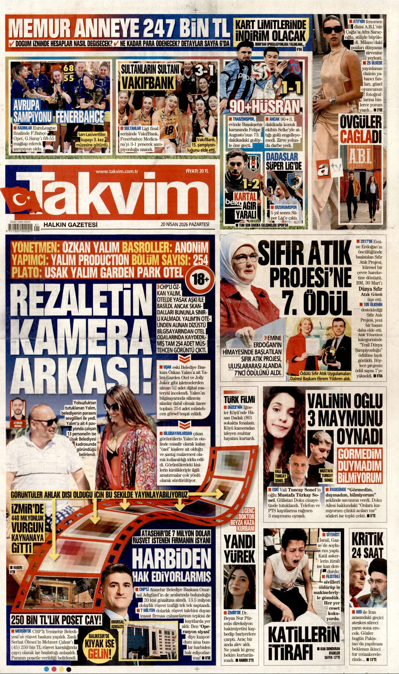 TAKVİM gazetesinin 20 Nisan 2026 tarihli birinci sayfası