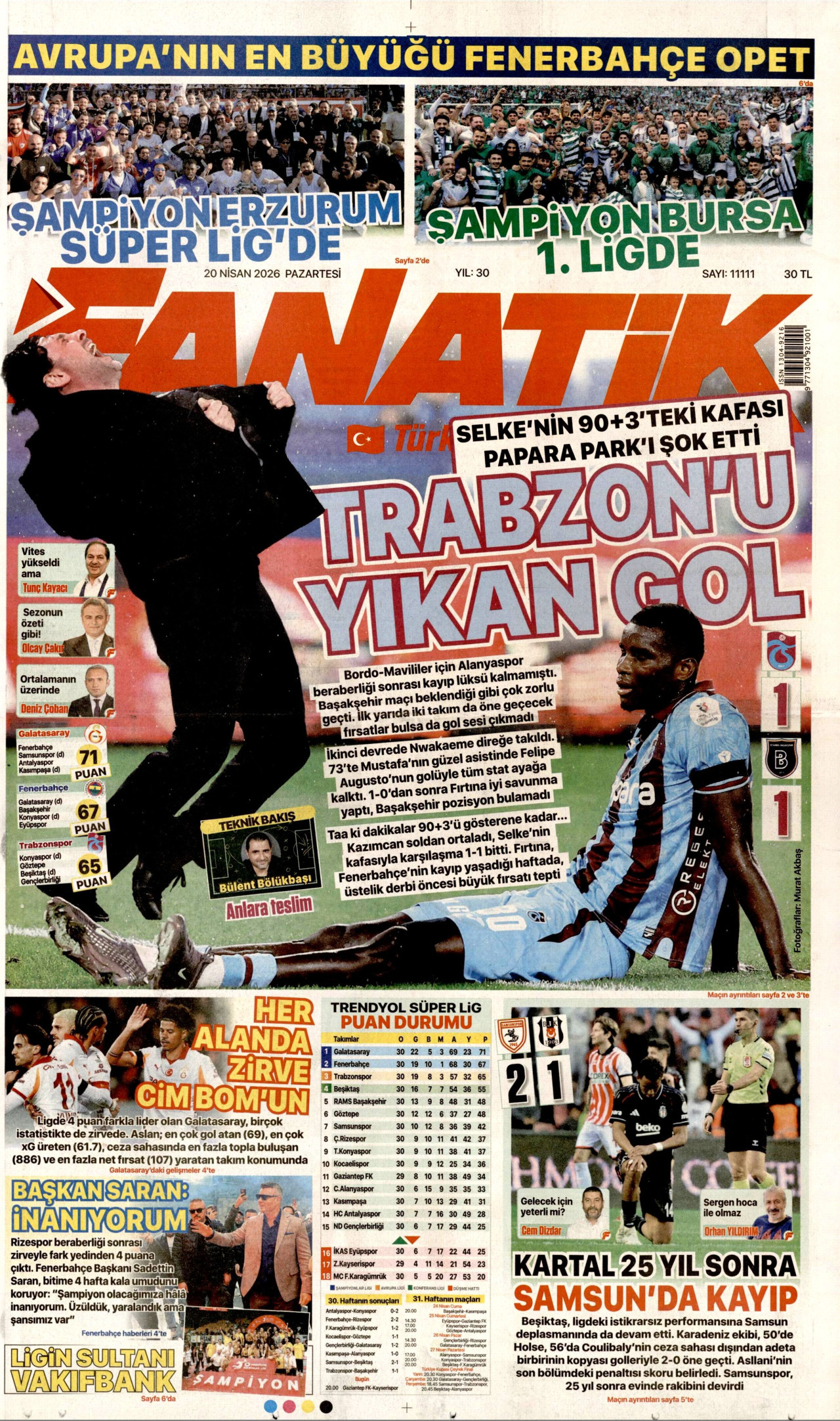FANATİK gazetesinin 20 Nisan 2026 tarihli birinci sayfası
