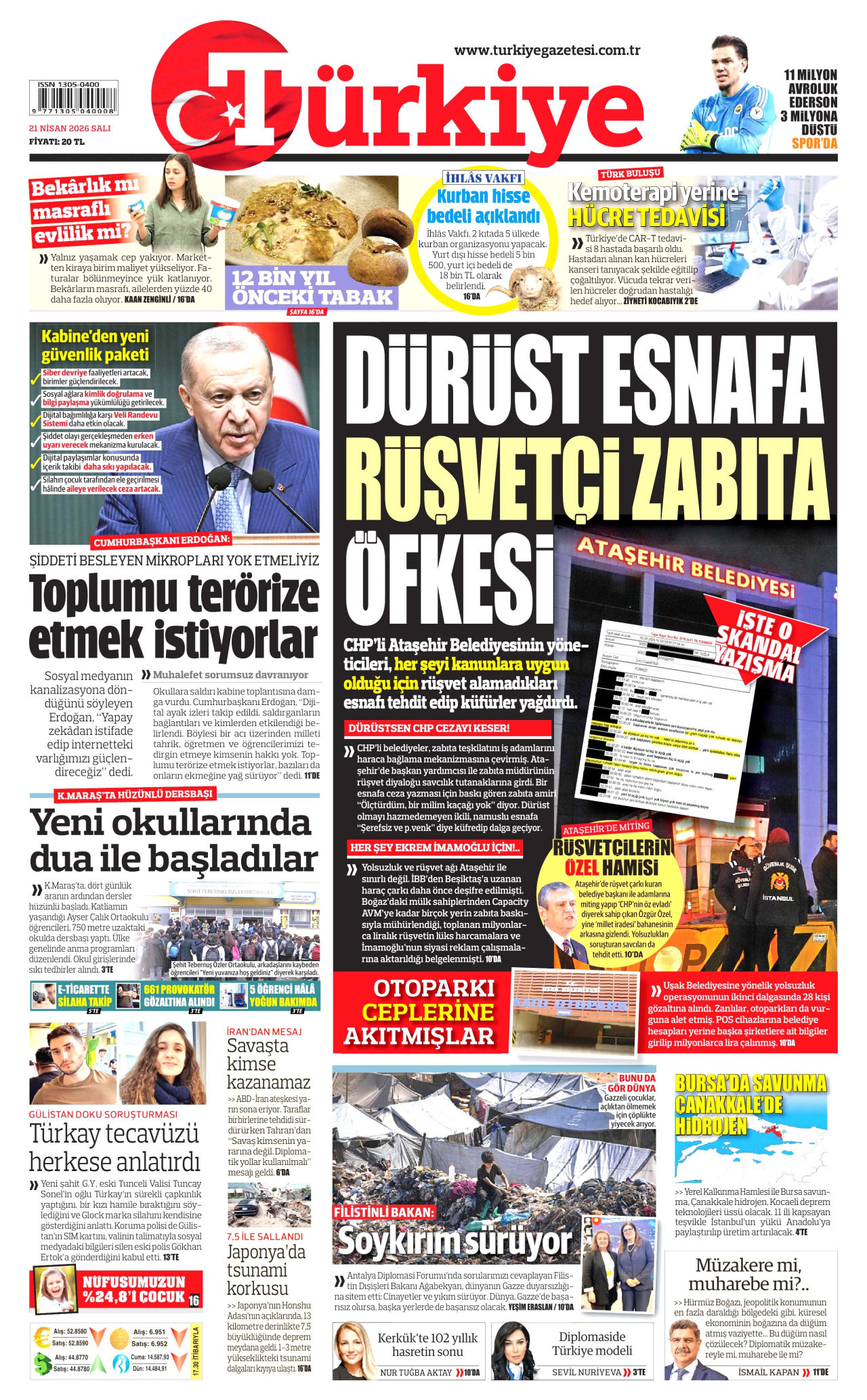 TÜRKİYE GAZETESİ gazetesinin 21 Nisan 2026 tarihli birinci sayfası