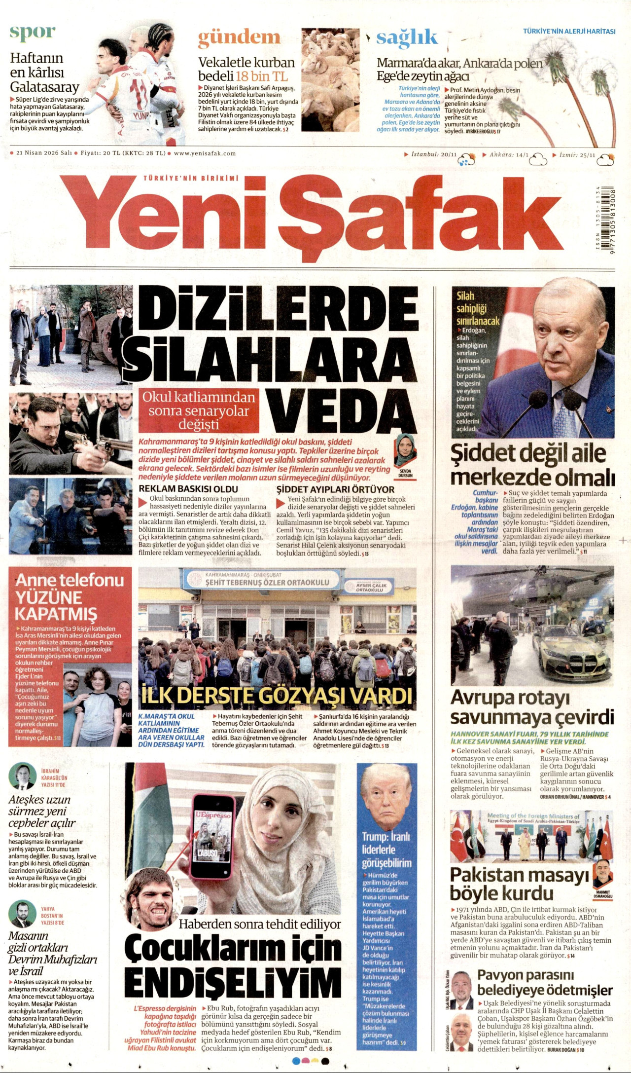 YENİ ŞAFAK gazetesinin 21 Nisan 2026 tarihli birinci sayfası