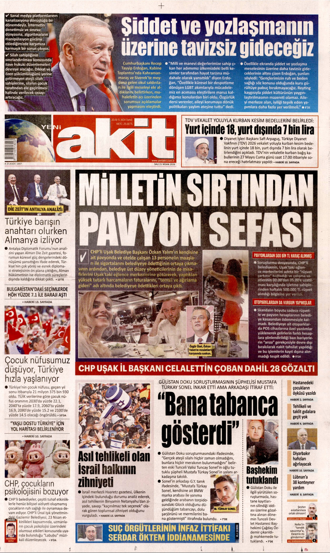 YENİ AKİT gazetesinin 21 Nisan 2026 tarihli birinci sayfası