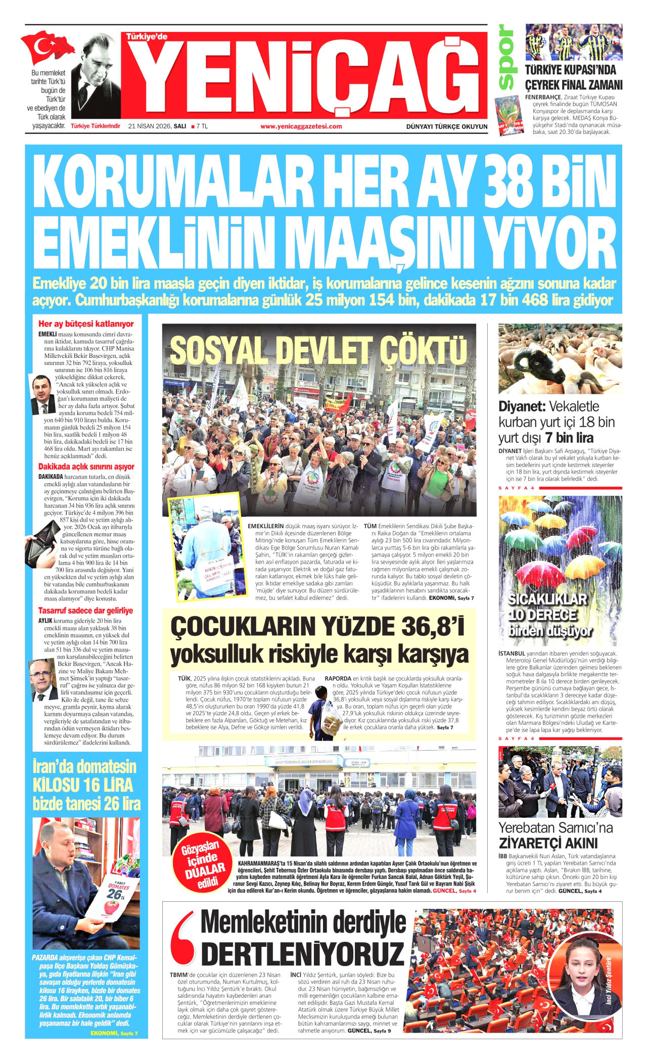 YENİÇAĞ gazetesinin 21 Nisan 2026 tarihli birinci sayfası