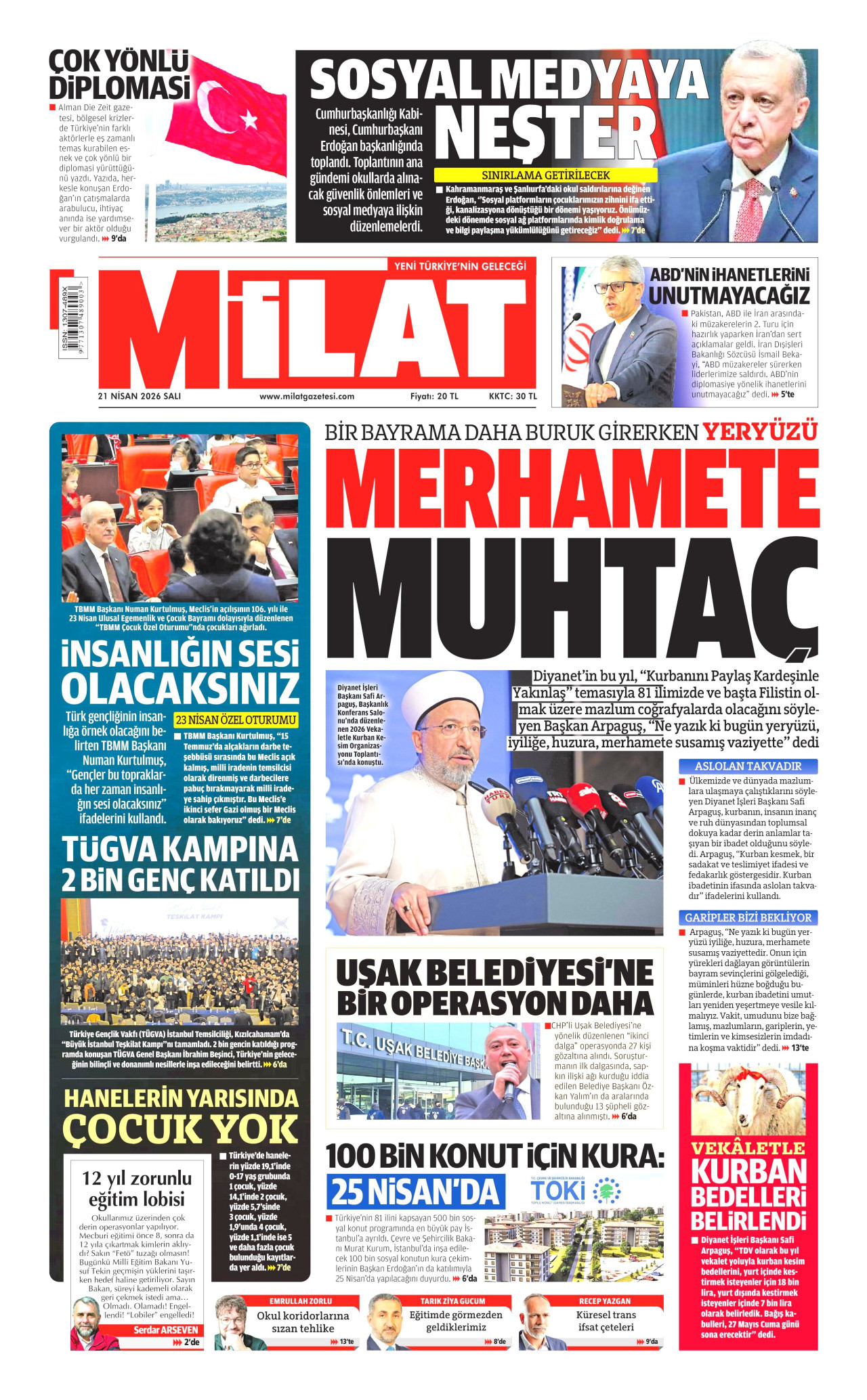 MİLAT gazetesinin 21 Nisan 2026 tarihli birinci sayfası