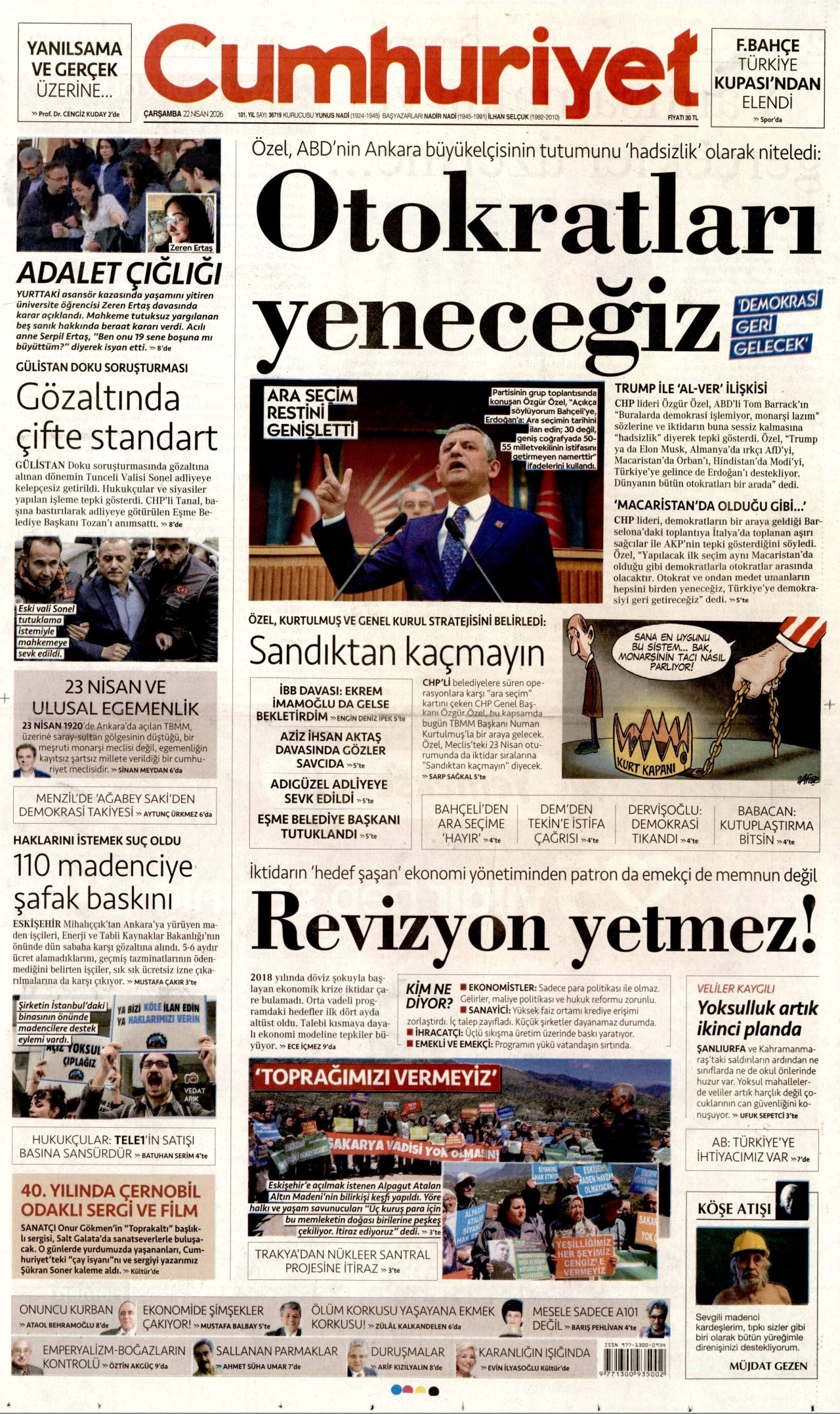 CUMHURİYET gazetesinin 22 Nisan 2026 tarihli birinci sayfası