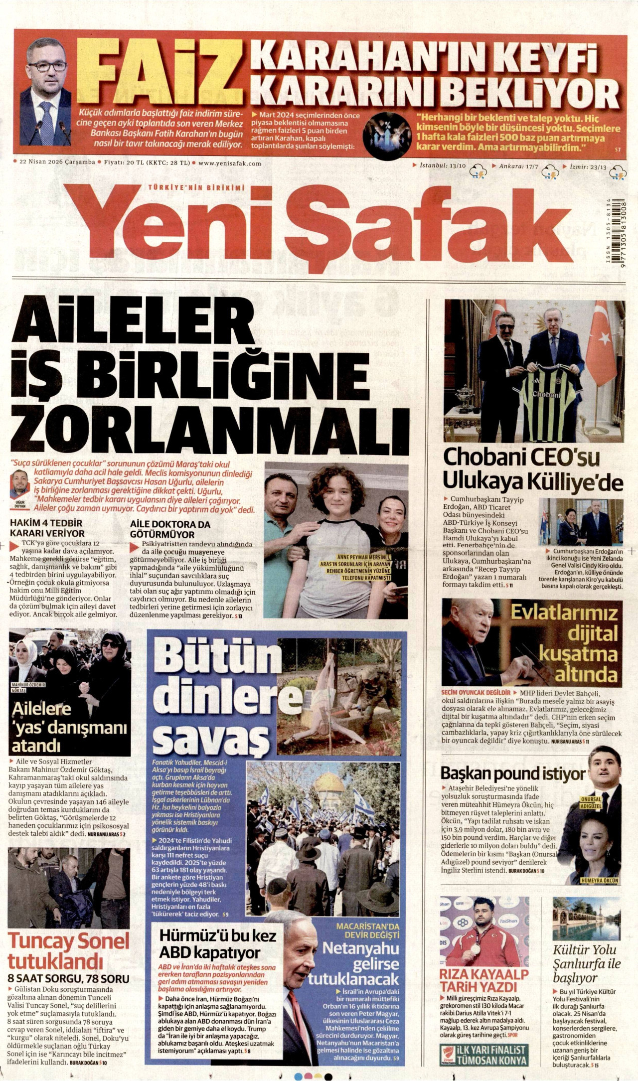 YENİ ŞAFAK gazetesinin 22 Nisan 2026 tarihli birinci sayfası