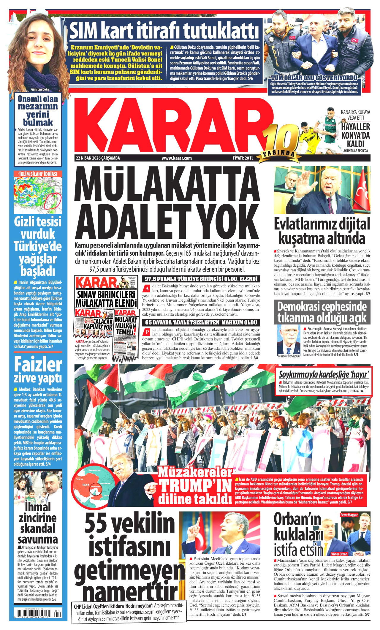KARAR gazetesinin 22 Nisan 2026 tarihli birinci sayfası