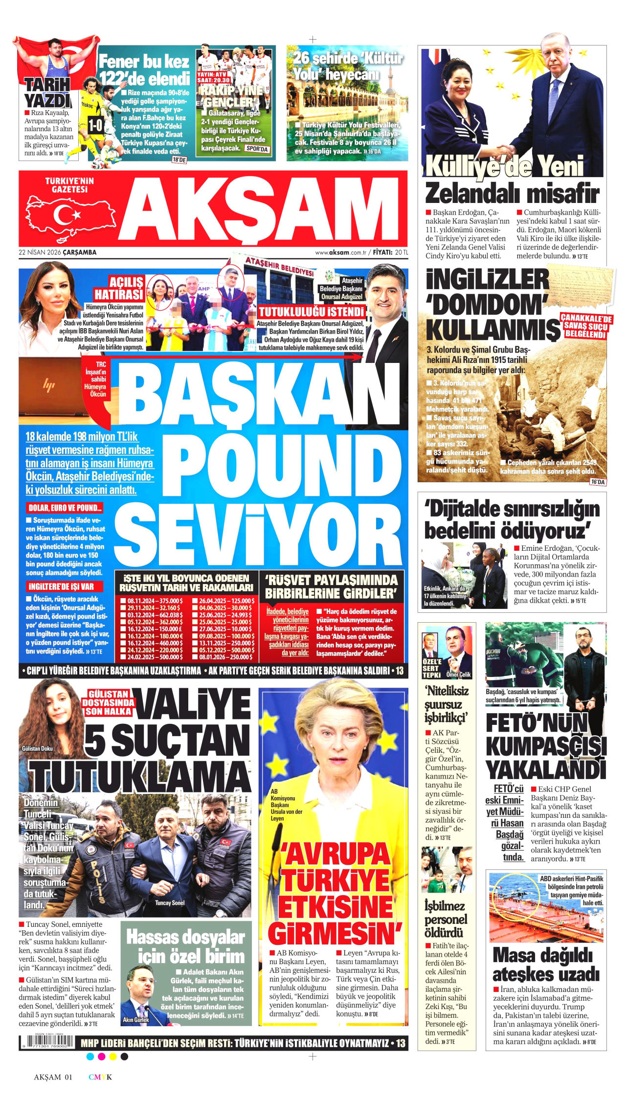 AKŞAM gazetesinin 22 Nisan 2026 tarihli birinci sayfası