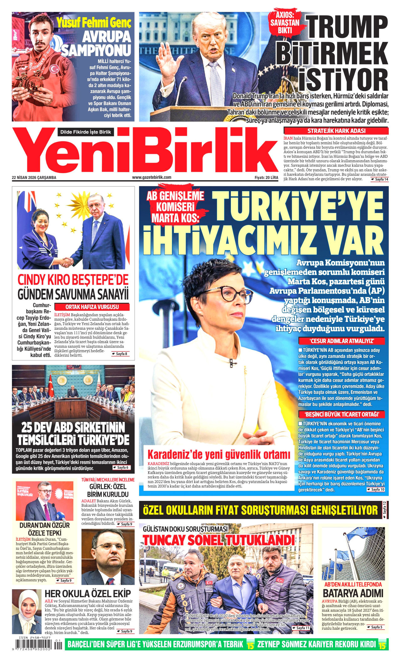YENİBİRLİK gazetesinin 22 Nisan 2026 tarihli birinci sayfası
