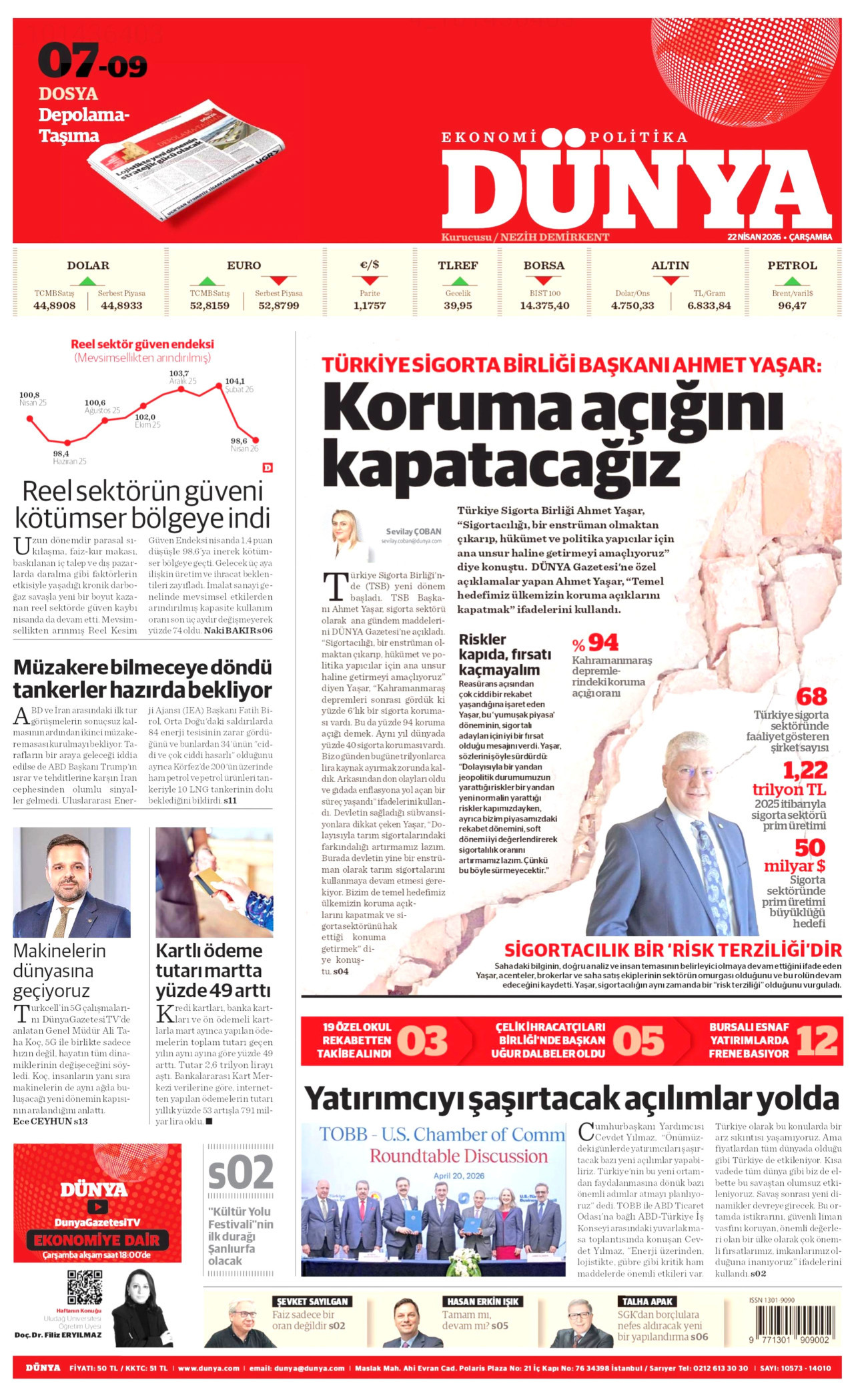DÜNYA gazetesinin 22 Nisan 2026 tarihli birinci sayfası