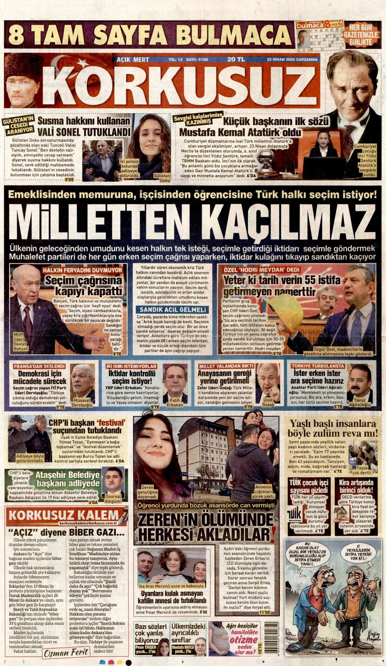 KORKUSUZ gazetesinin 22 Nisan 2026 tarihli birinci sayfası