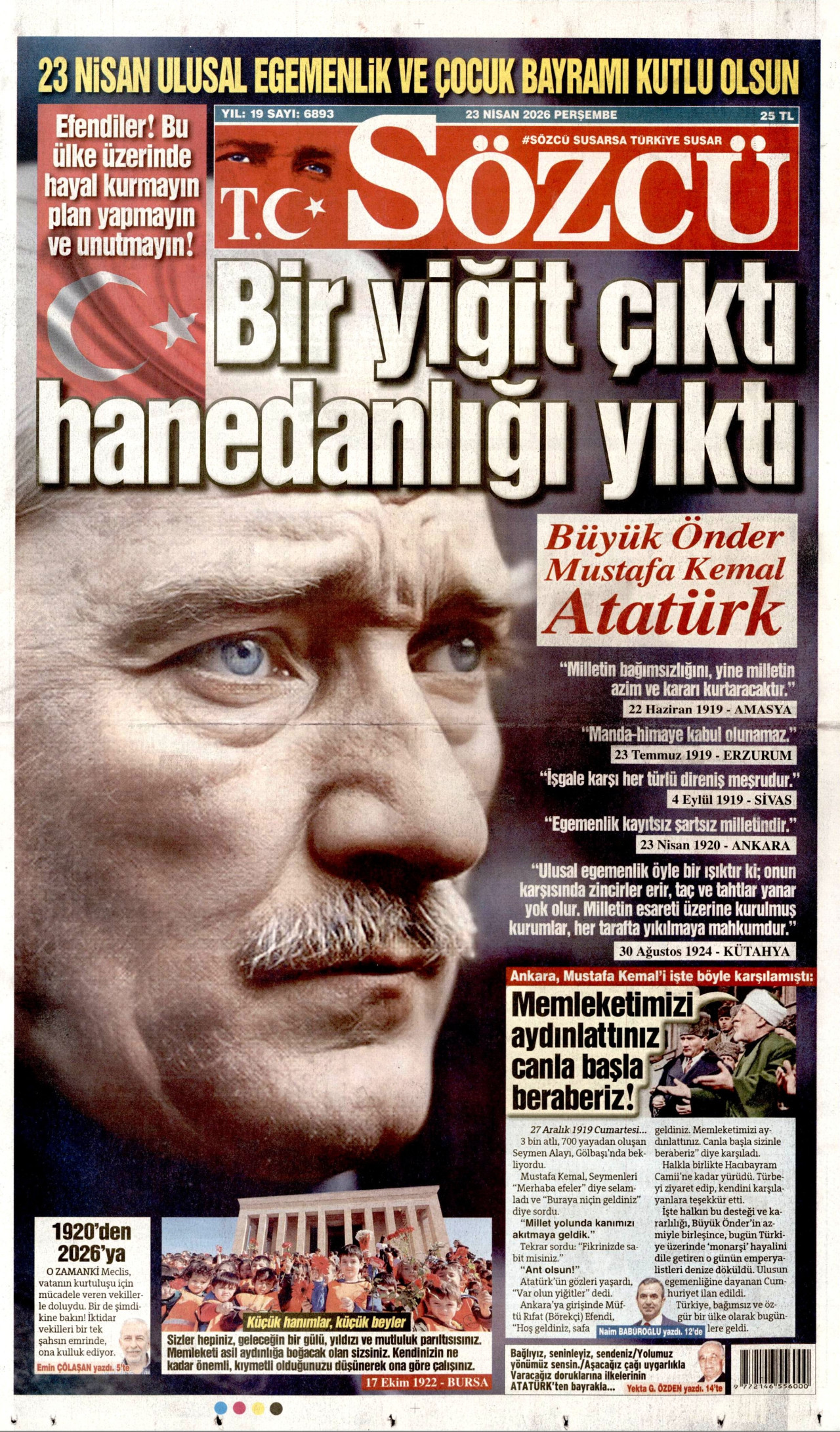 SÖZCÜ gazetesinin 23 Nisan 2026 tarihli birinci sayfası