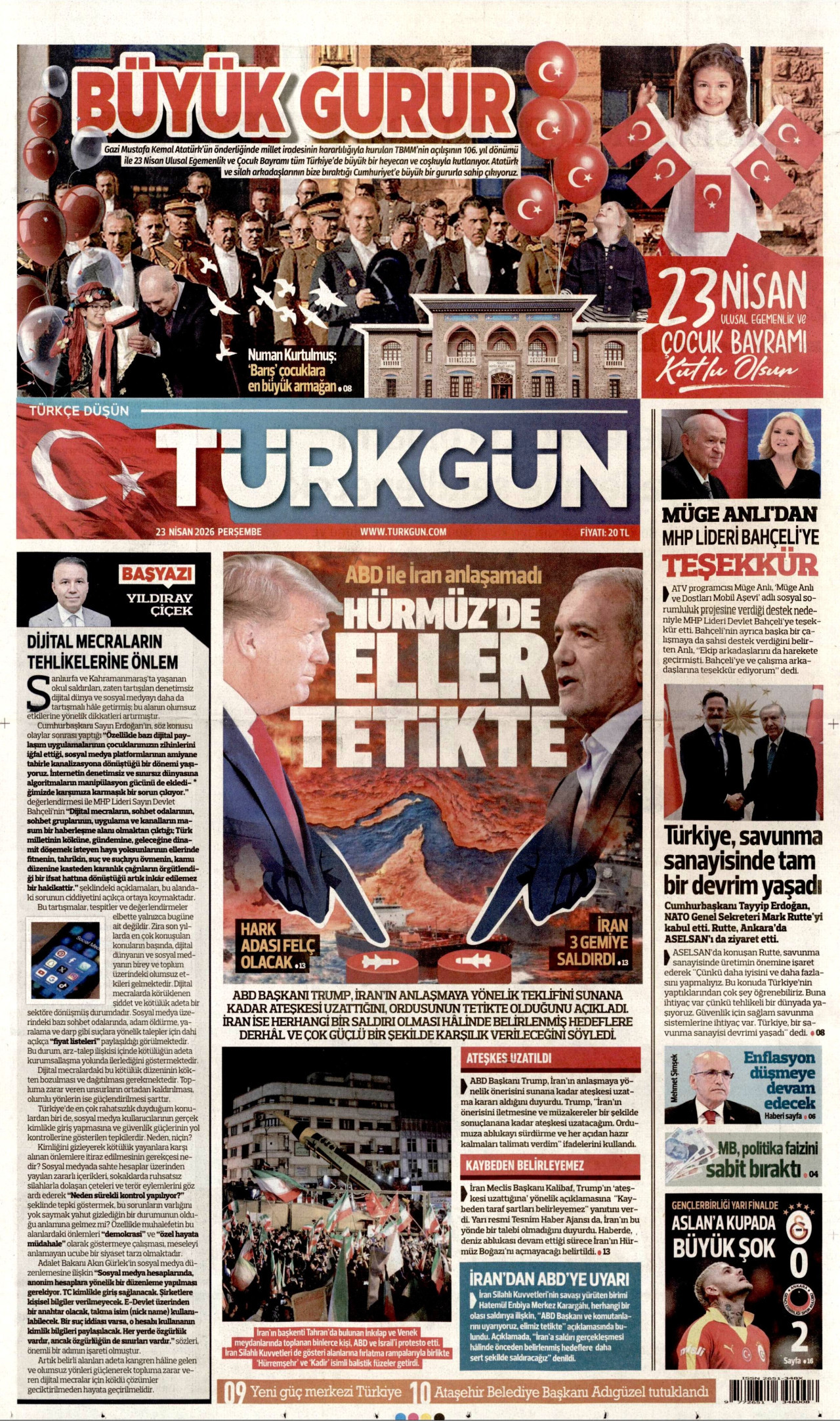 TÜRKGÜN gazetesinin 23 Nisan 2026 tarihli birinci sayfası